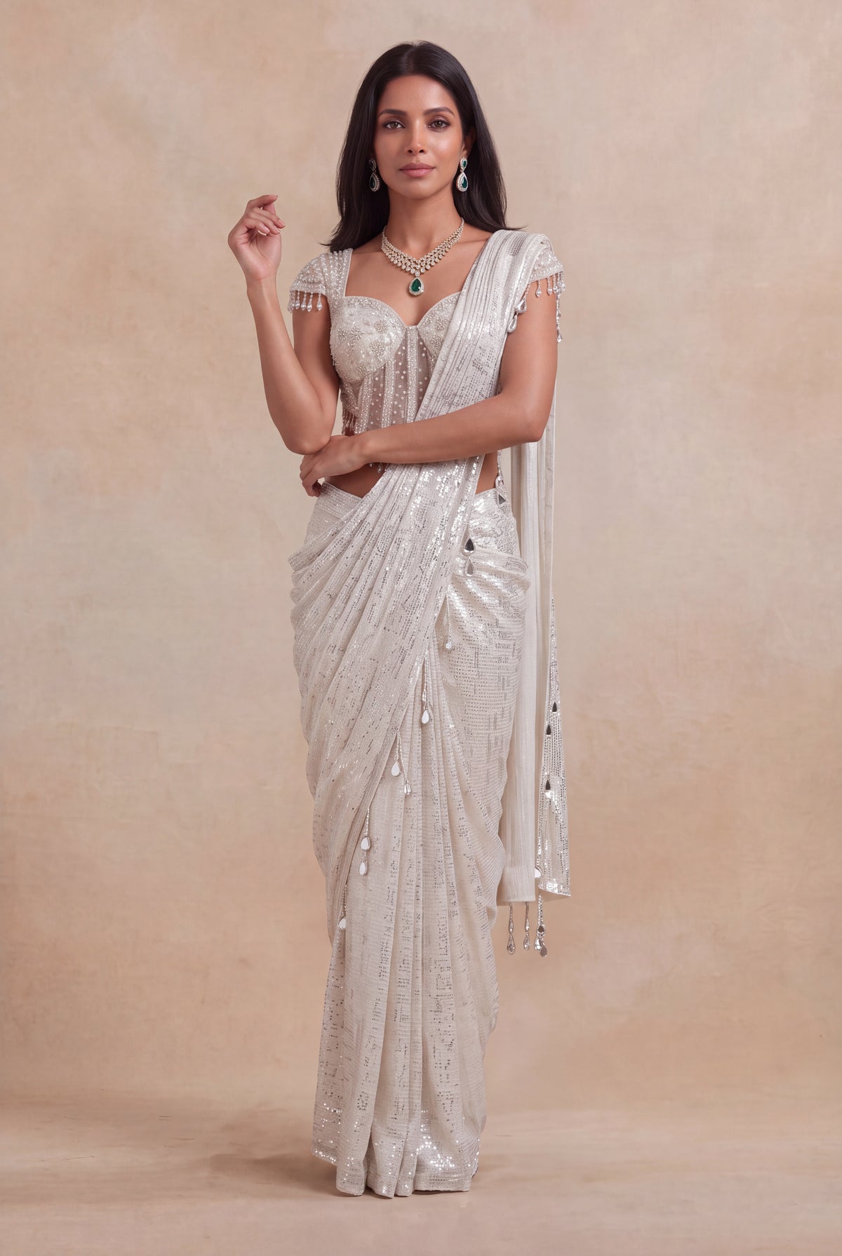 Ivory Net Drape Saree with Embellished Corset Blouse - Mokshaa