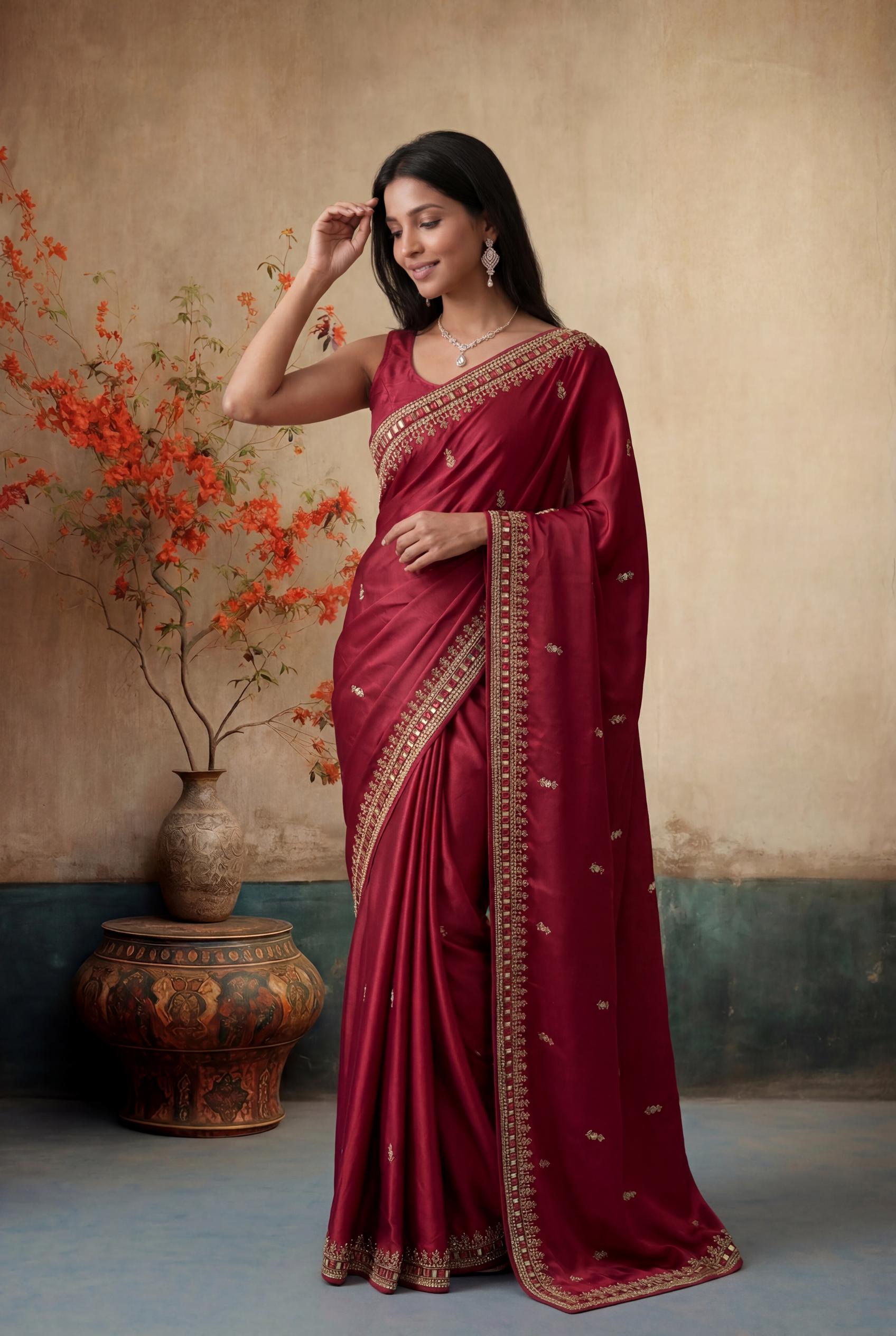 Marronish Red Satin Saree