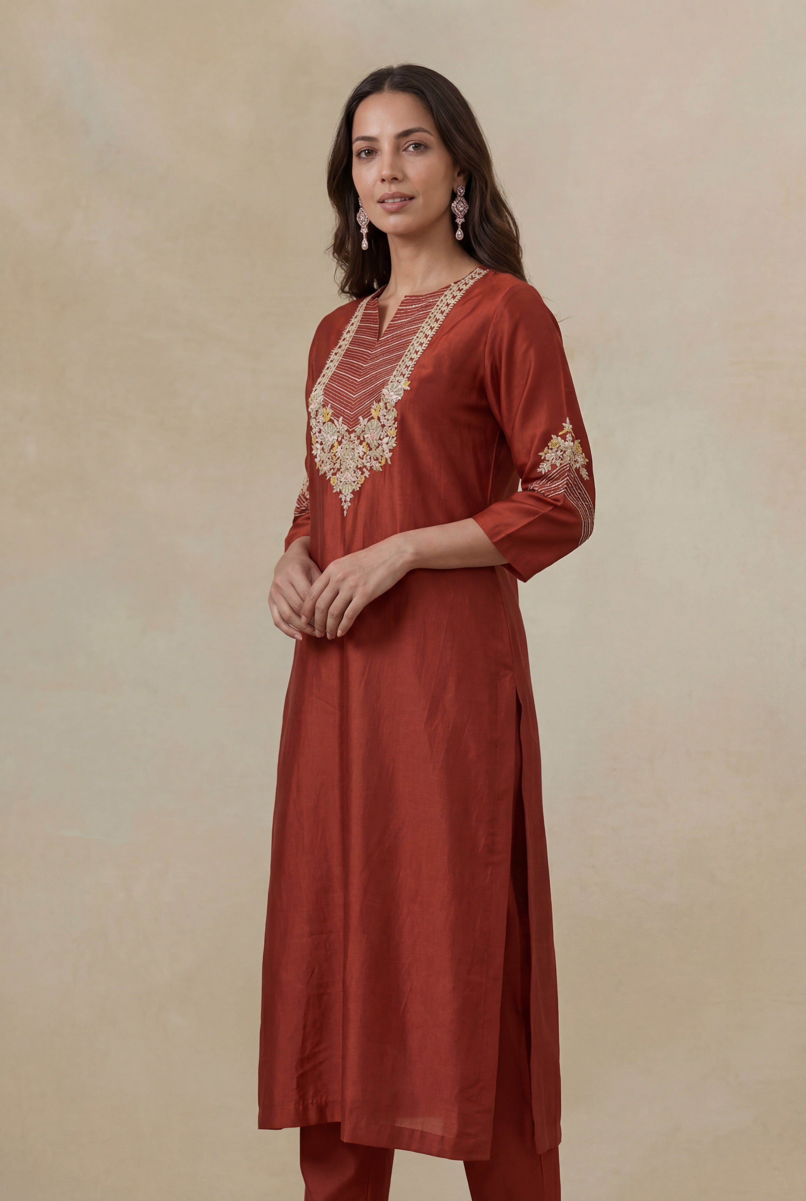 Rust Satin Silk Kurta Set