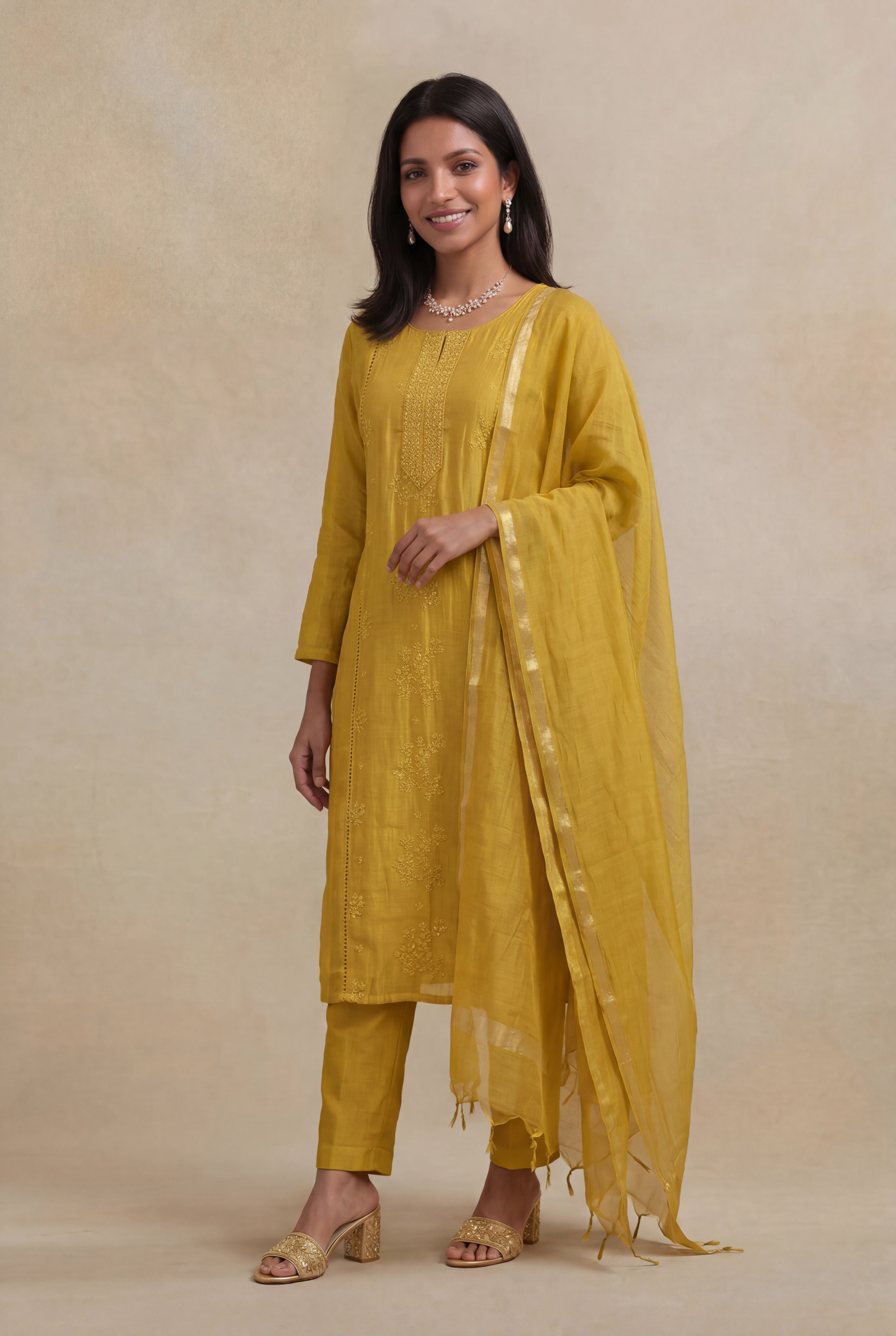Mustard Yellow Mulmul Cotton Straight Cut Salwar Set
