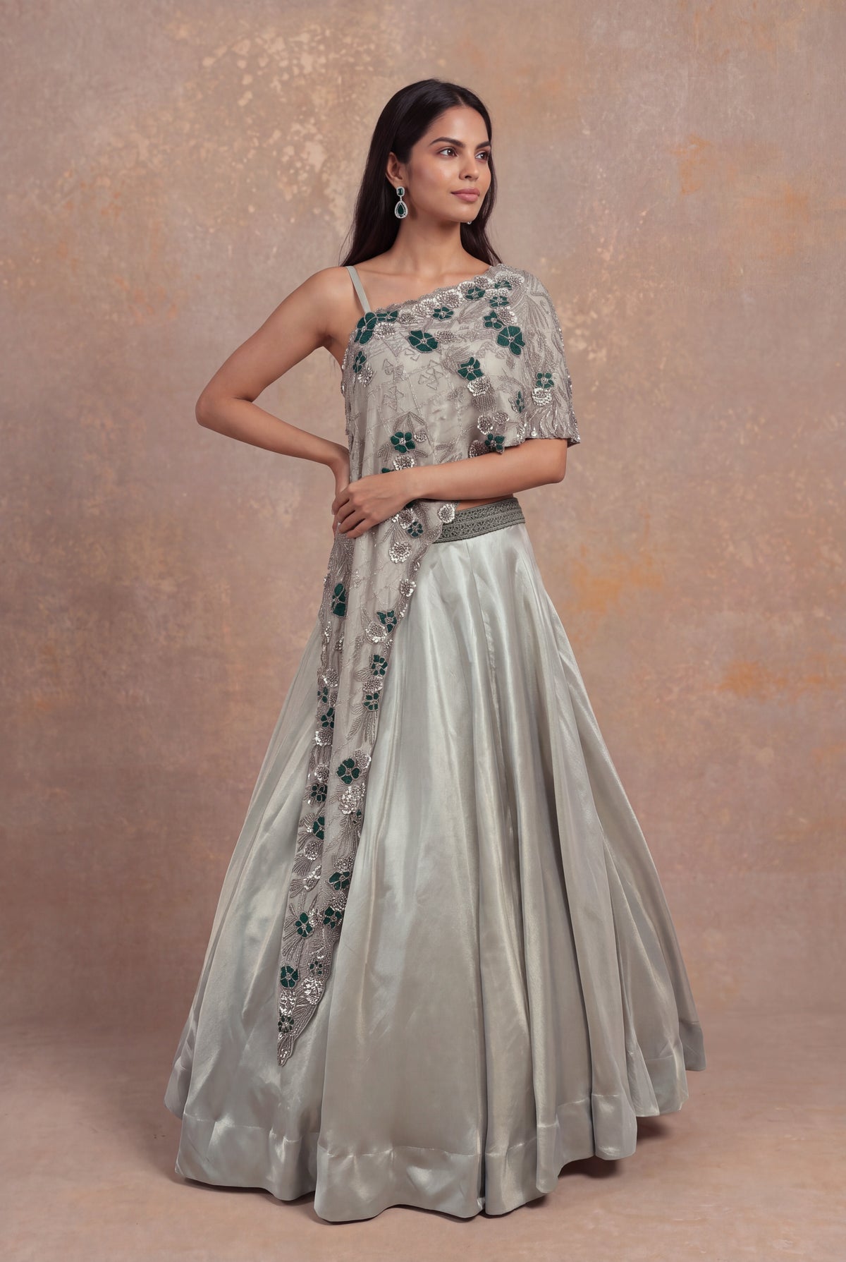 Silver Grey Lehenga with Sequin and Cutdana Floral Embroidery - Mokshaa