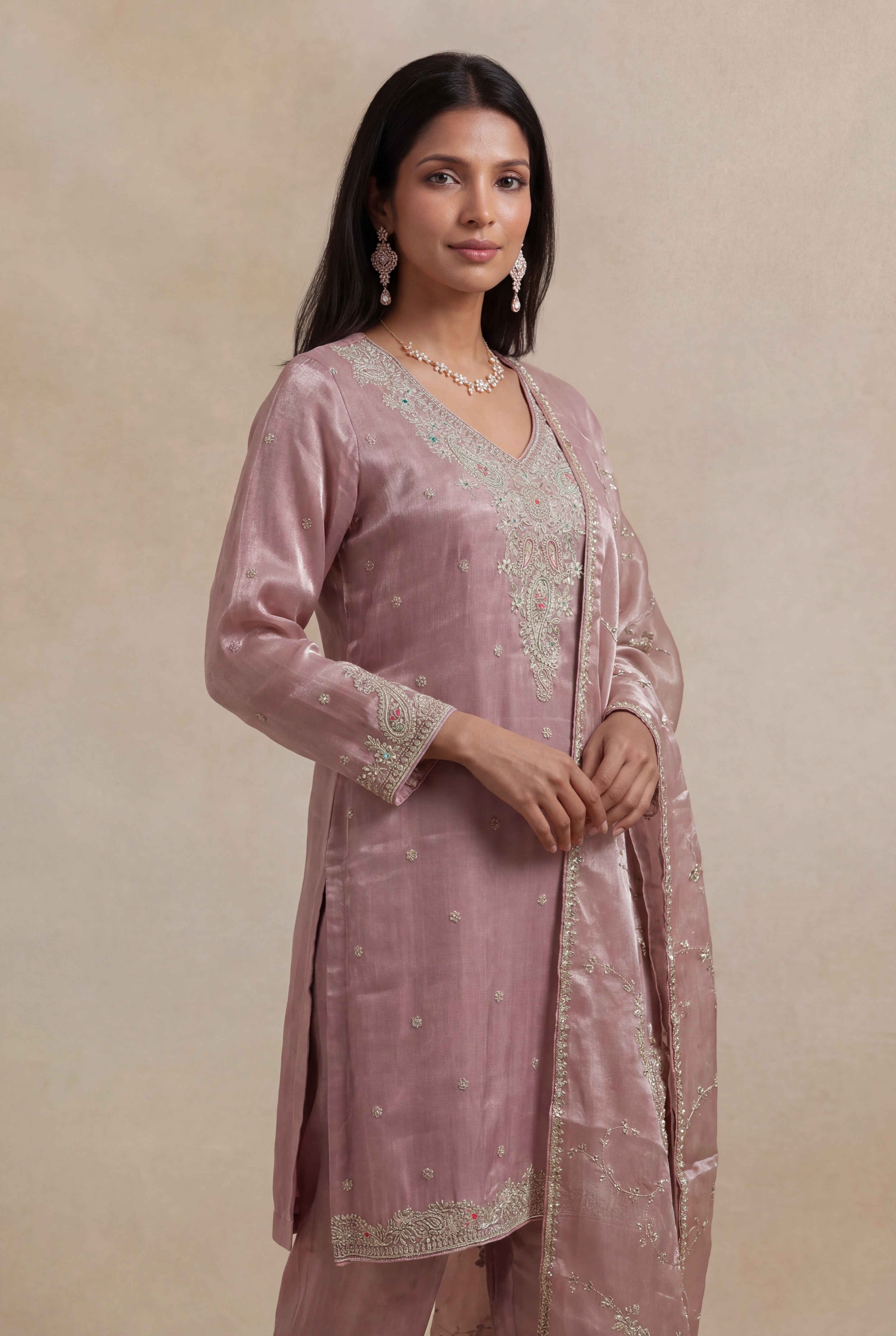 Lavender Tissue Short Kurta with Straight Pants