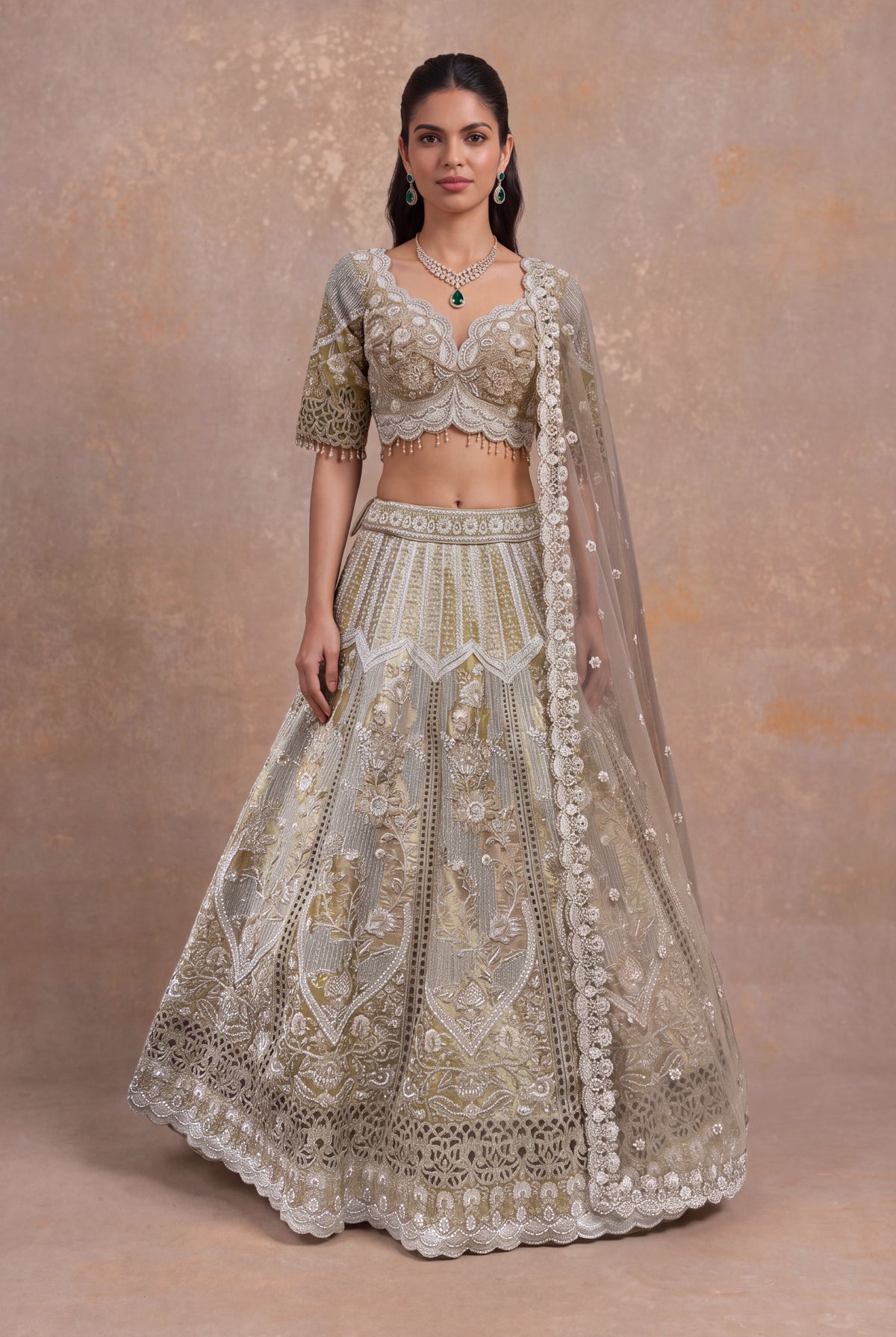 Shimmer Tissue Cutwork Lehenga - Mokshaa