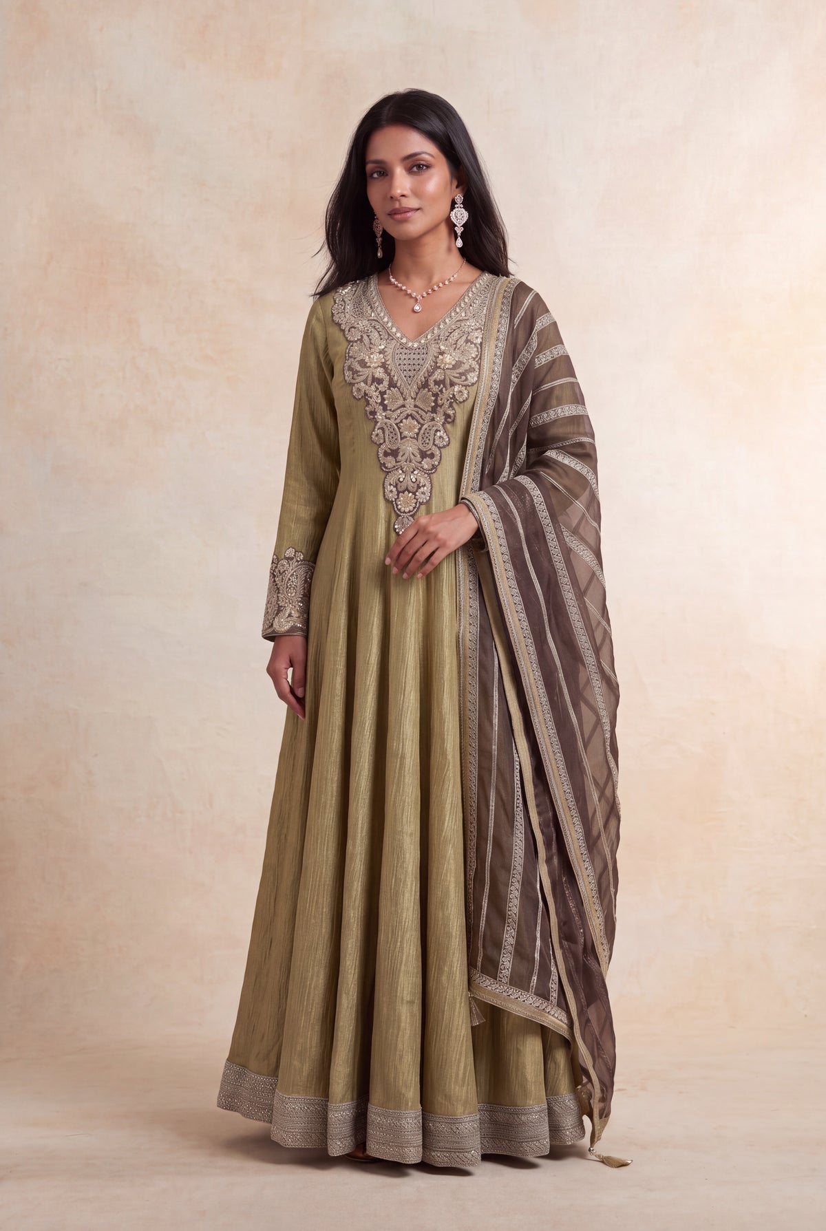 Olive Crush Tissue Anarkali - Mokshaa
