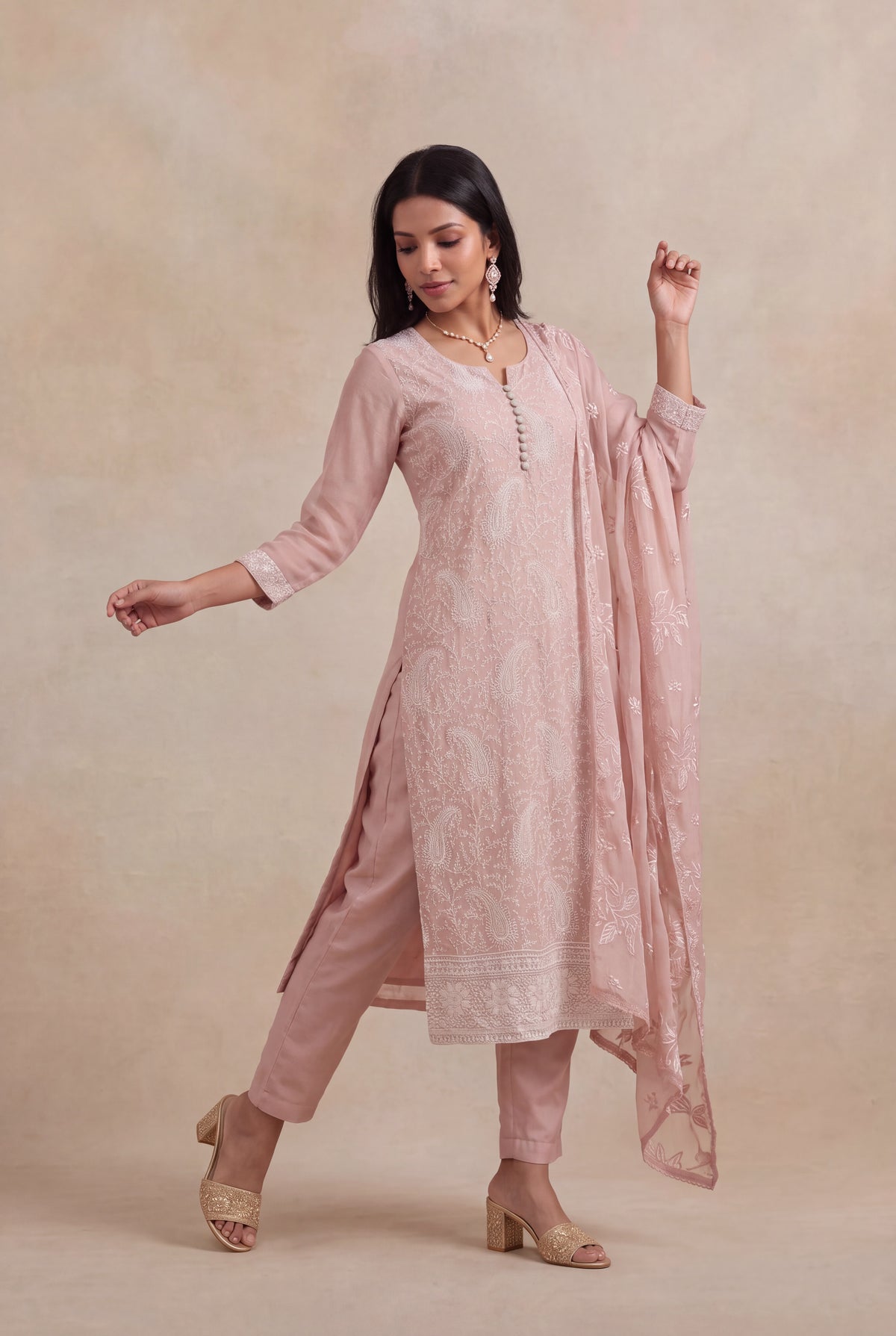 Blush Pink Georgette Straight-Cut Salwar Suit - Mokshaa