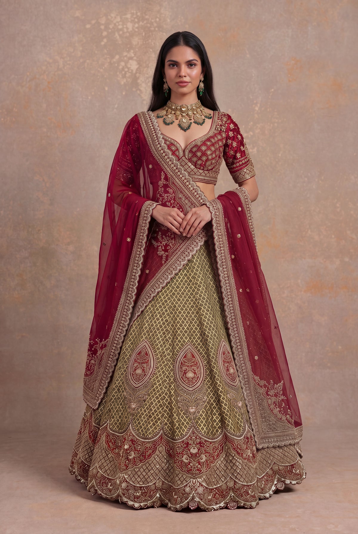 Olive Green Printed Silk Lehenga Set with Zardozi and Cutdana Work - Mokshaa