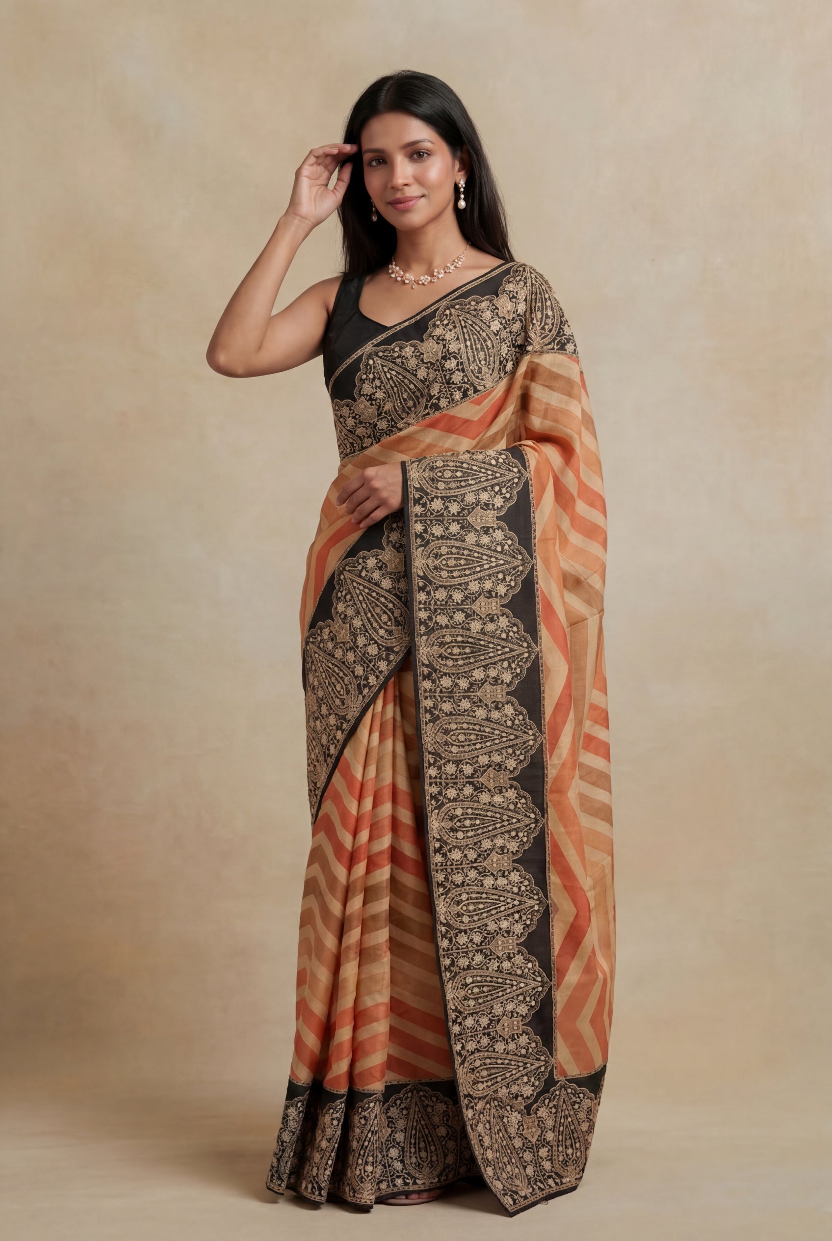 Cream Peach Tussar Silk Saree