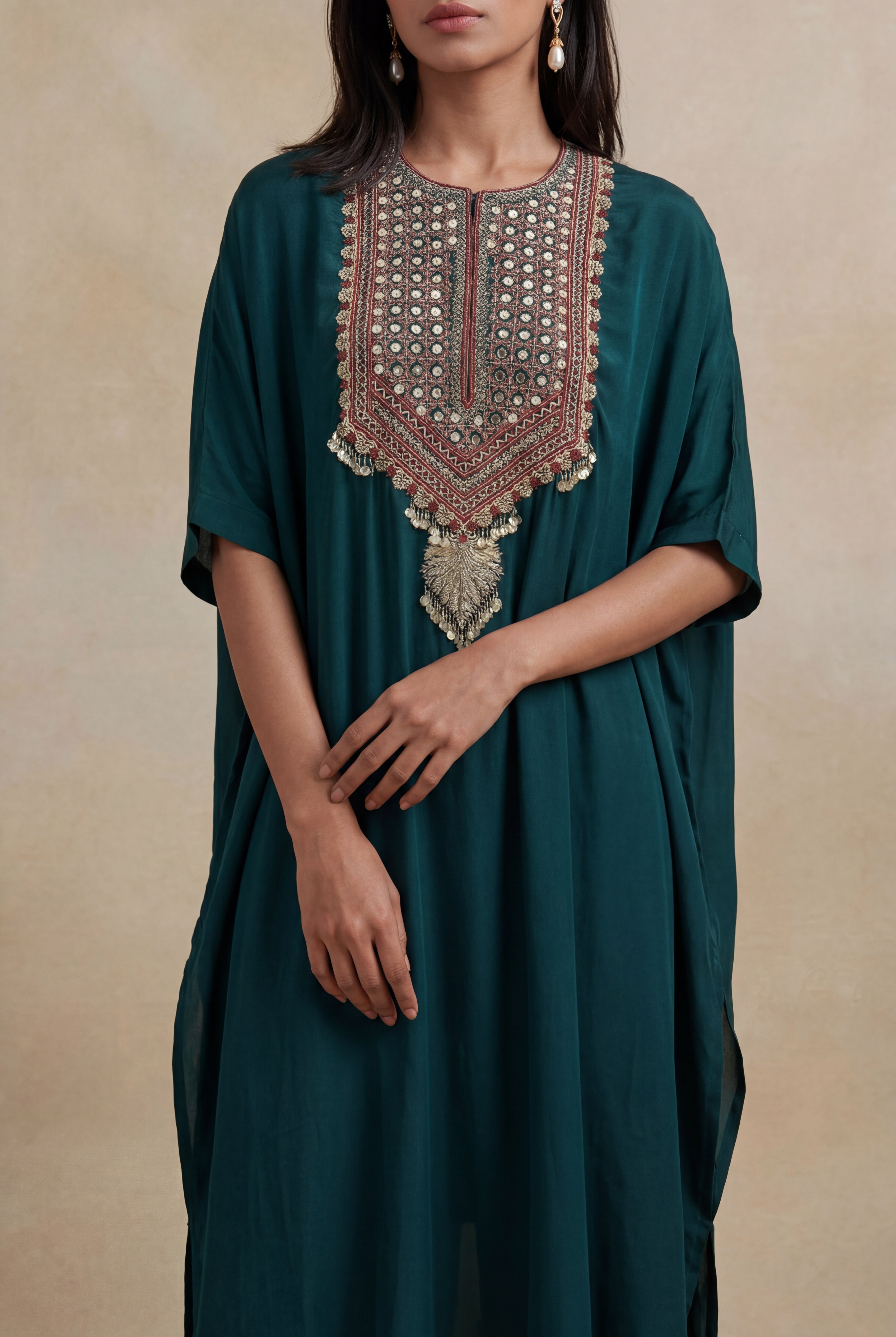 Emerald Green Satin Silk Embroidered Kaftan Set