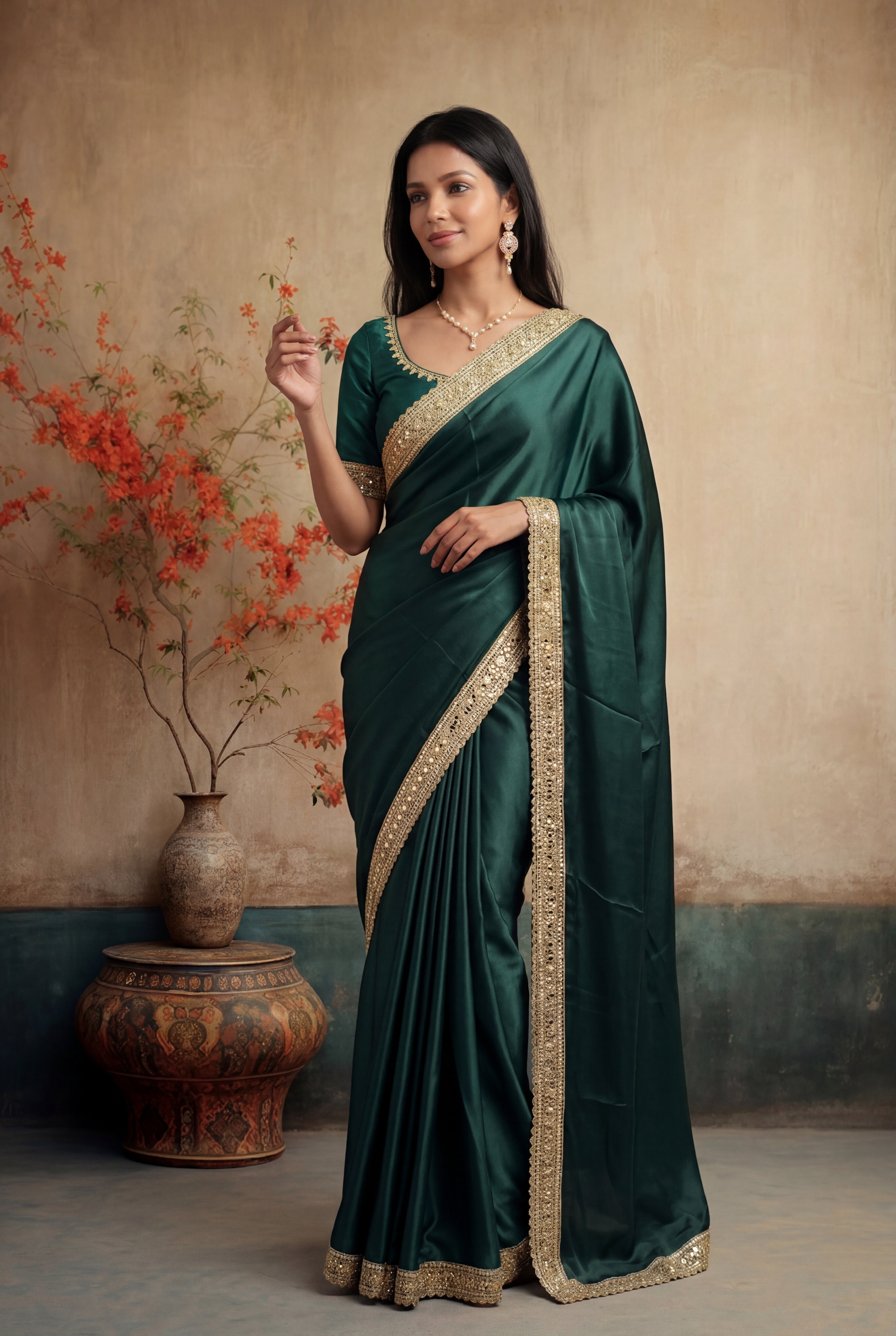 Green Satin Saree with Gold Sequin Border