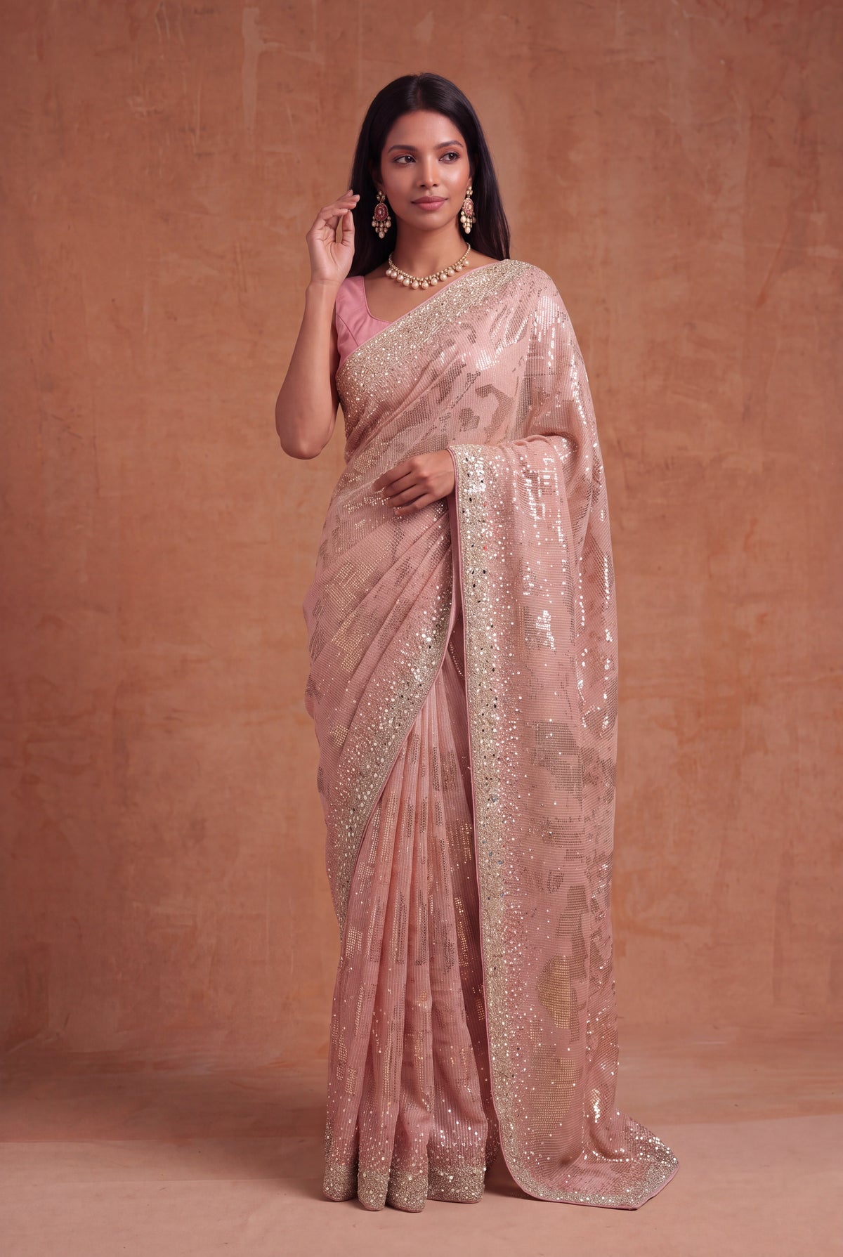 Peach Georgette Saree with Sequin & Mirror Work - Mokshaa