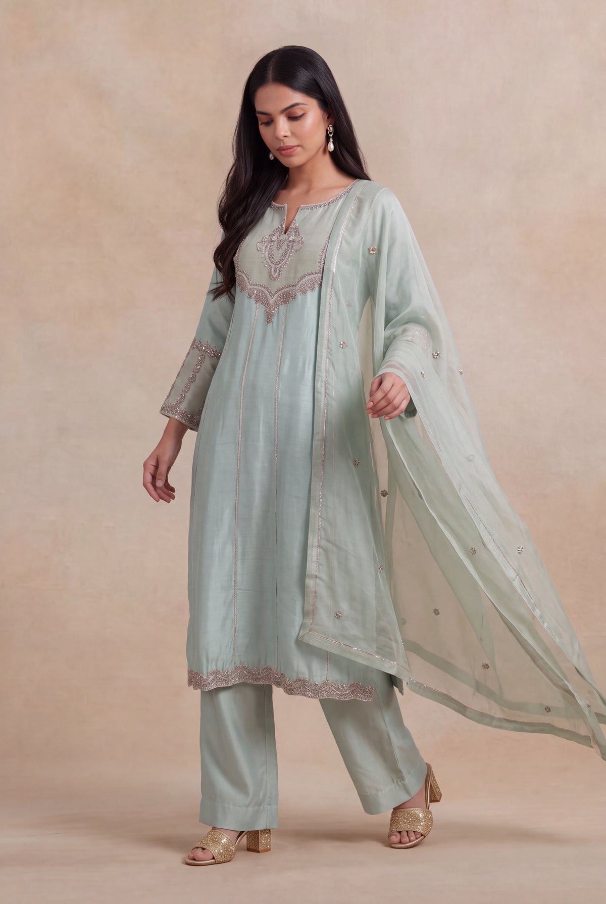 Mint Green Raw Silk A-Line Suit with Zardosi Work - Mokshaa