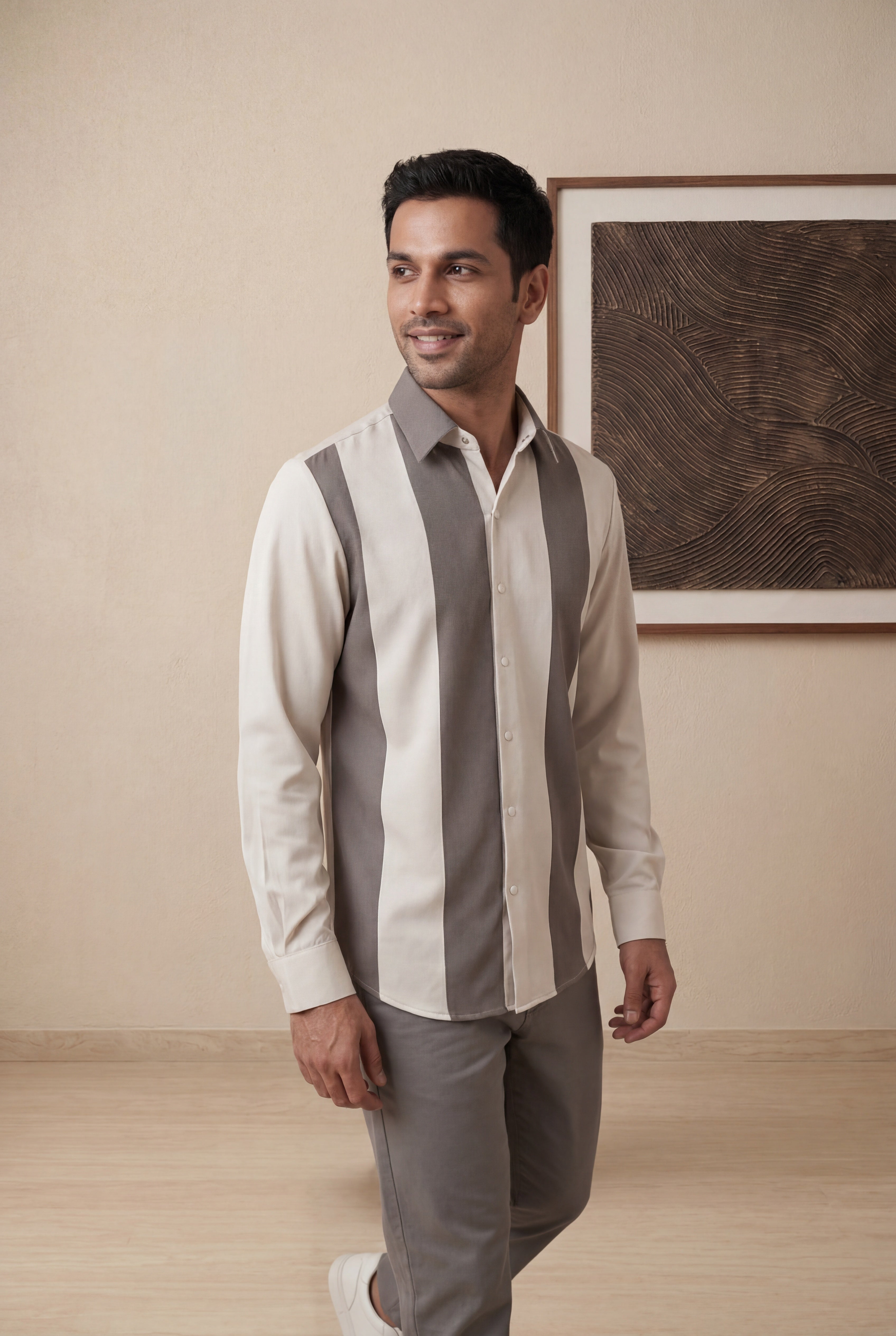 Cream Bomario Full Sleeve Colour Block Shirt