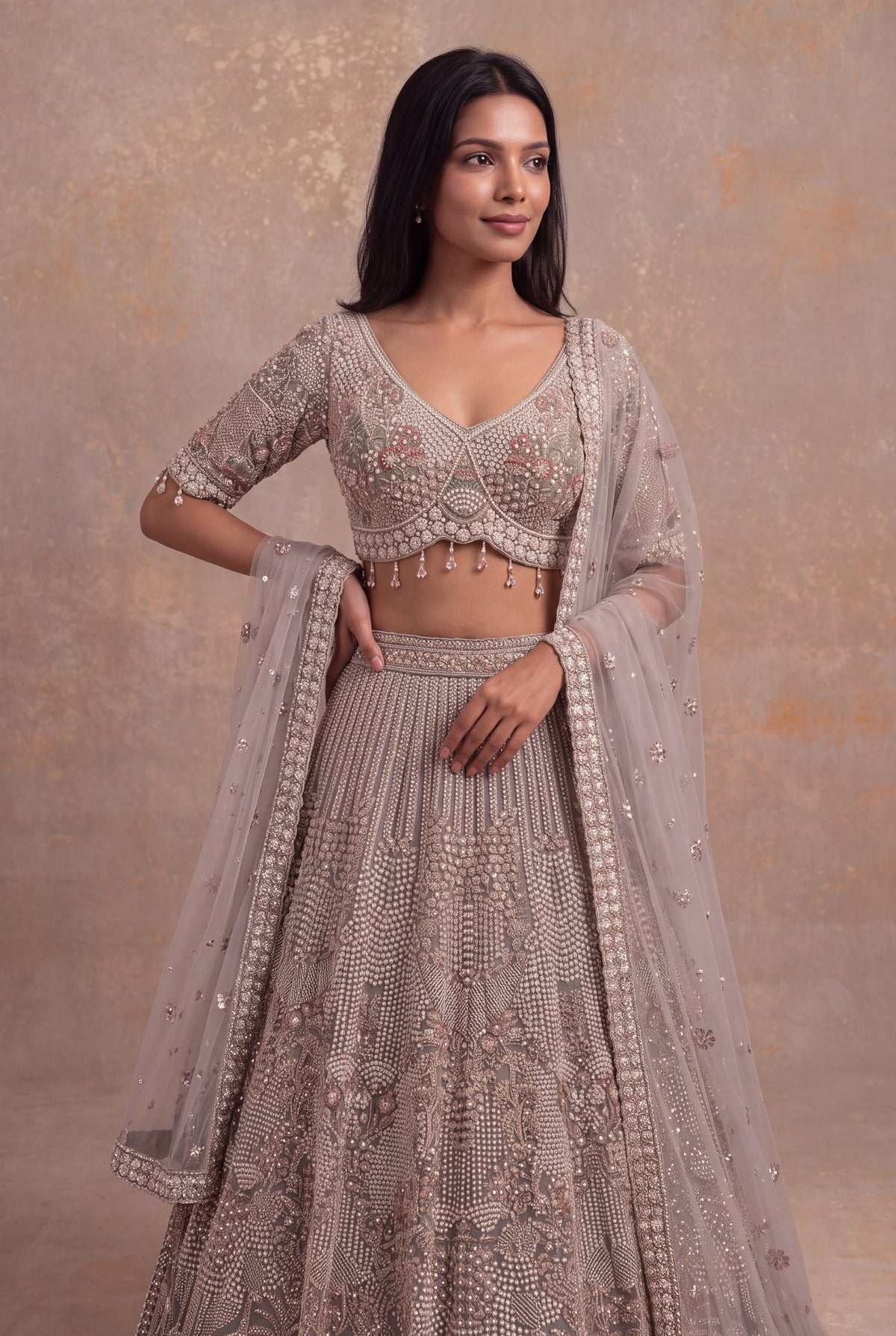 Taupe Net Lehenga - Mokshaa
