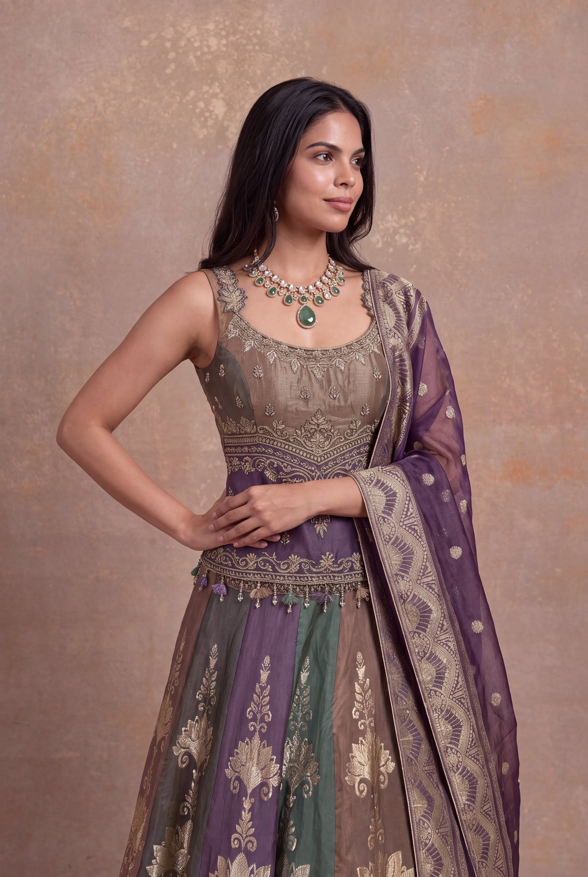 Multicolor Banarasi Tissue Lehenga with Zardosi & Pearl Work - Mokshaa