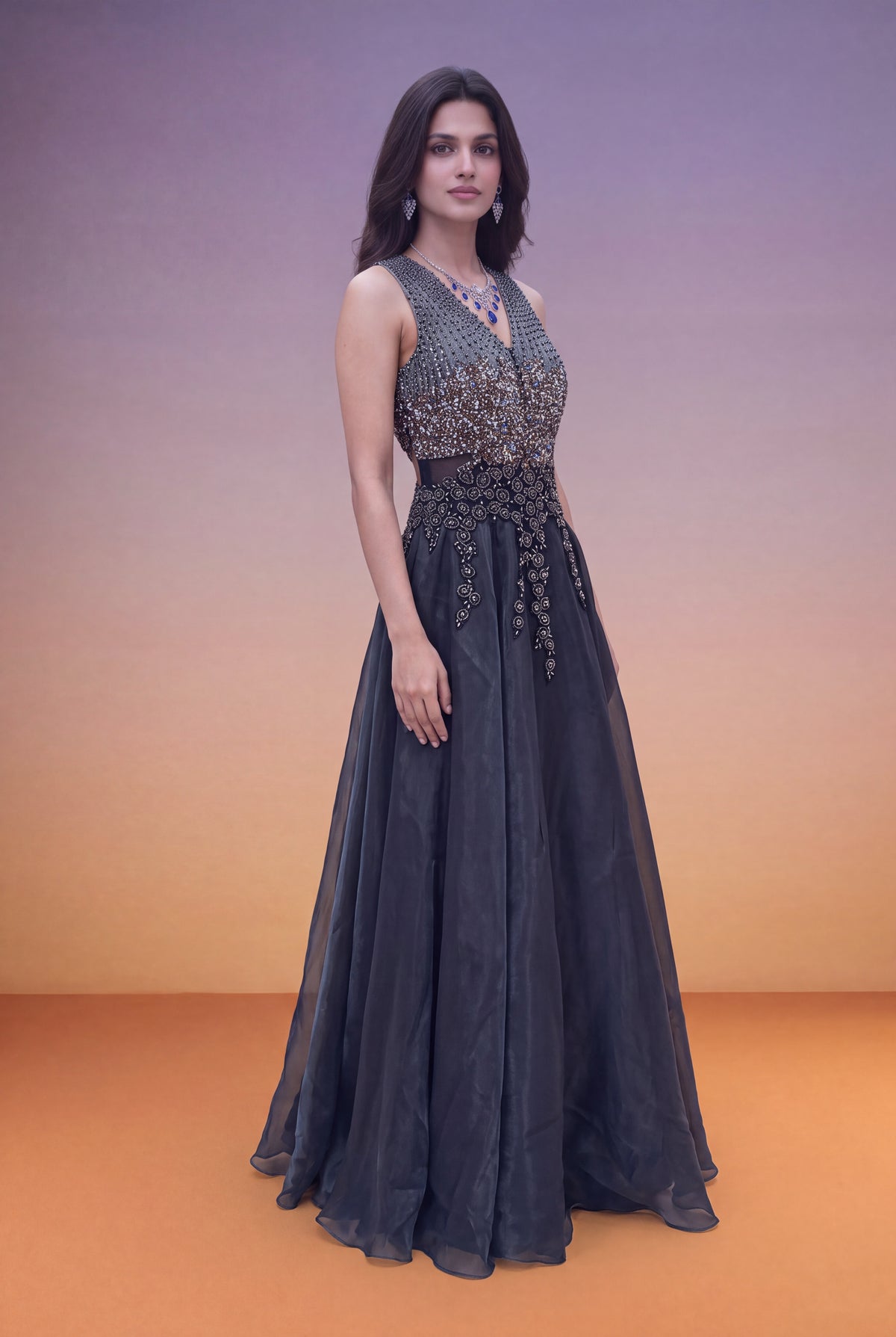 Slate Blue Organza Gown with Sequin & Cutdana Work - Mokshaa