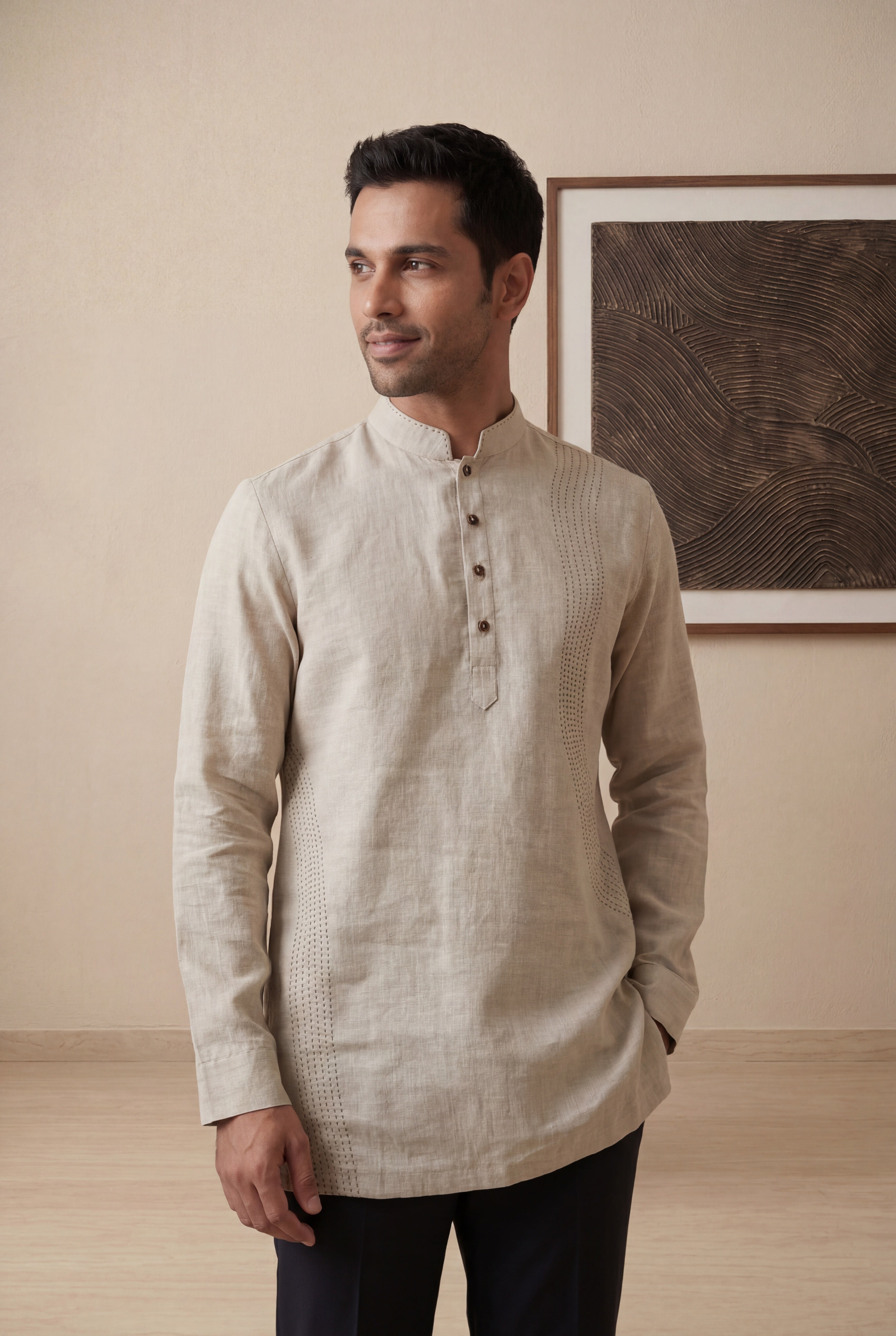 Beige Linen Short Kurta with Thread Detailing