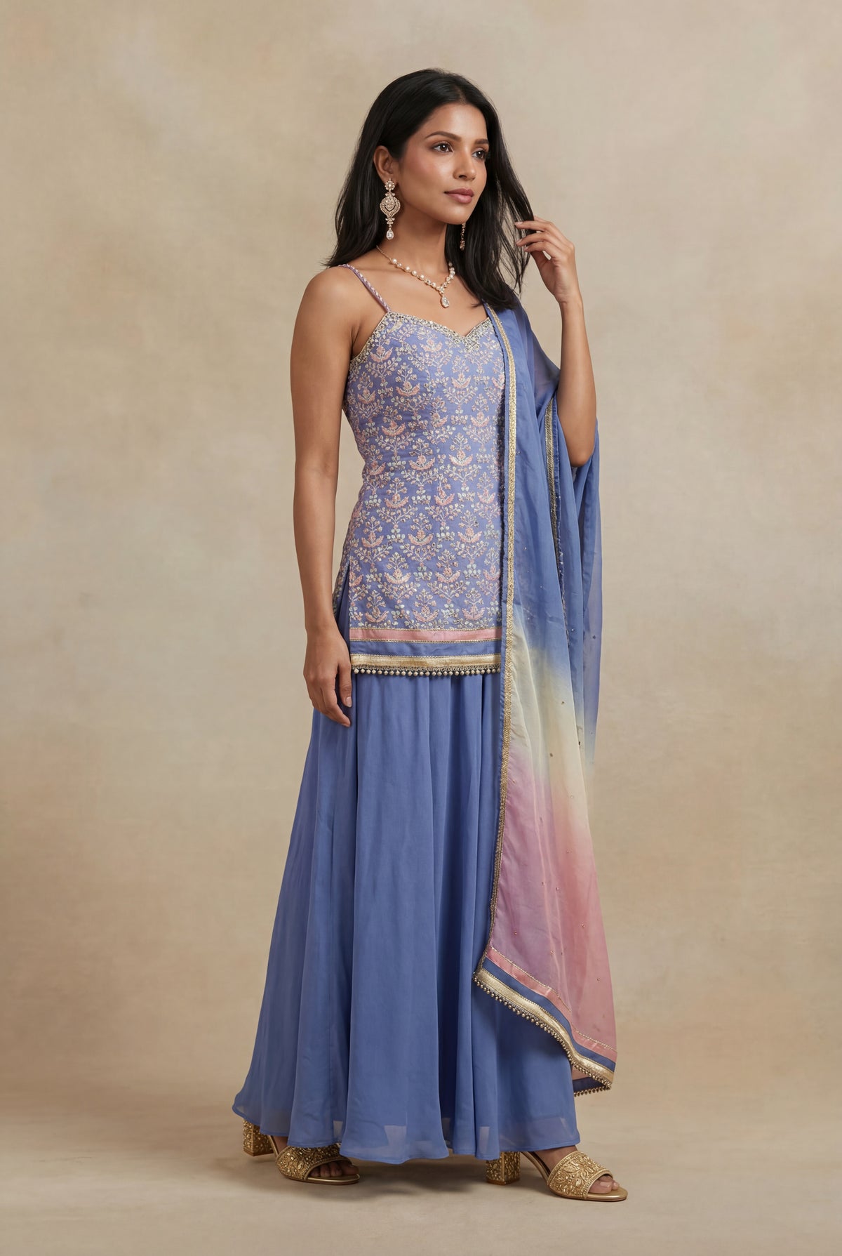 Periwinkle Blue Silk Mirror Work Indo Western Set - Mokshaa
