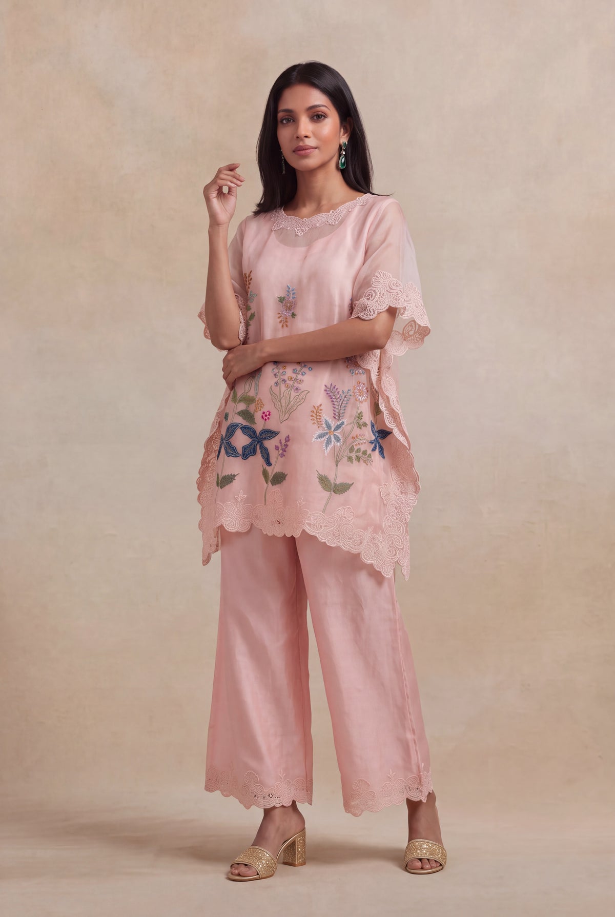 Blush Pink Organza Kaftan with Floral Thread Embroidery - Mokshaa