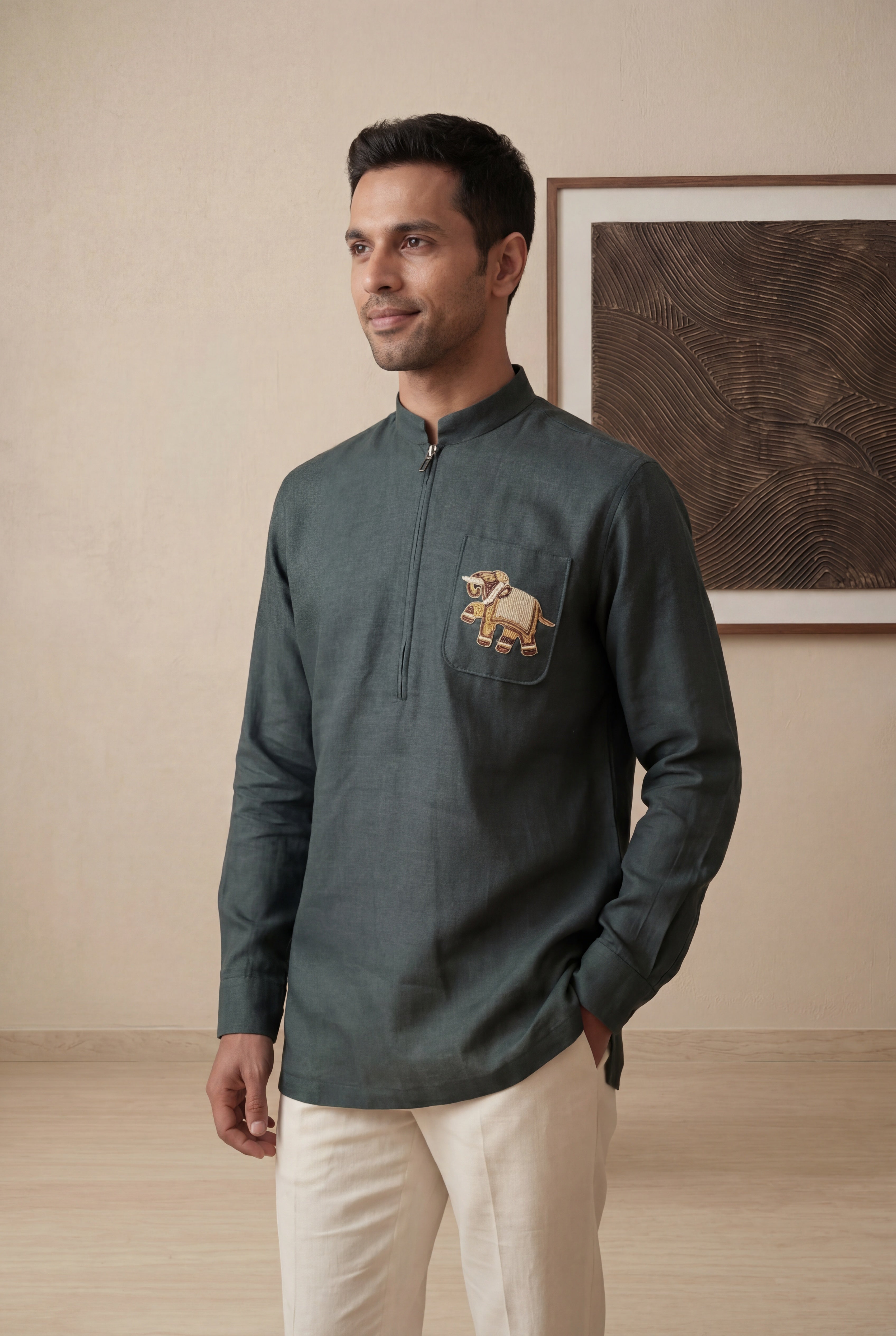Teal Green Linen Short Kurta with Elephant Embroidery