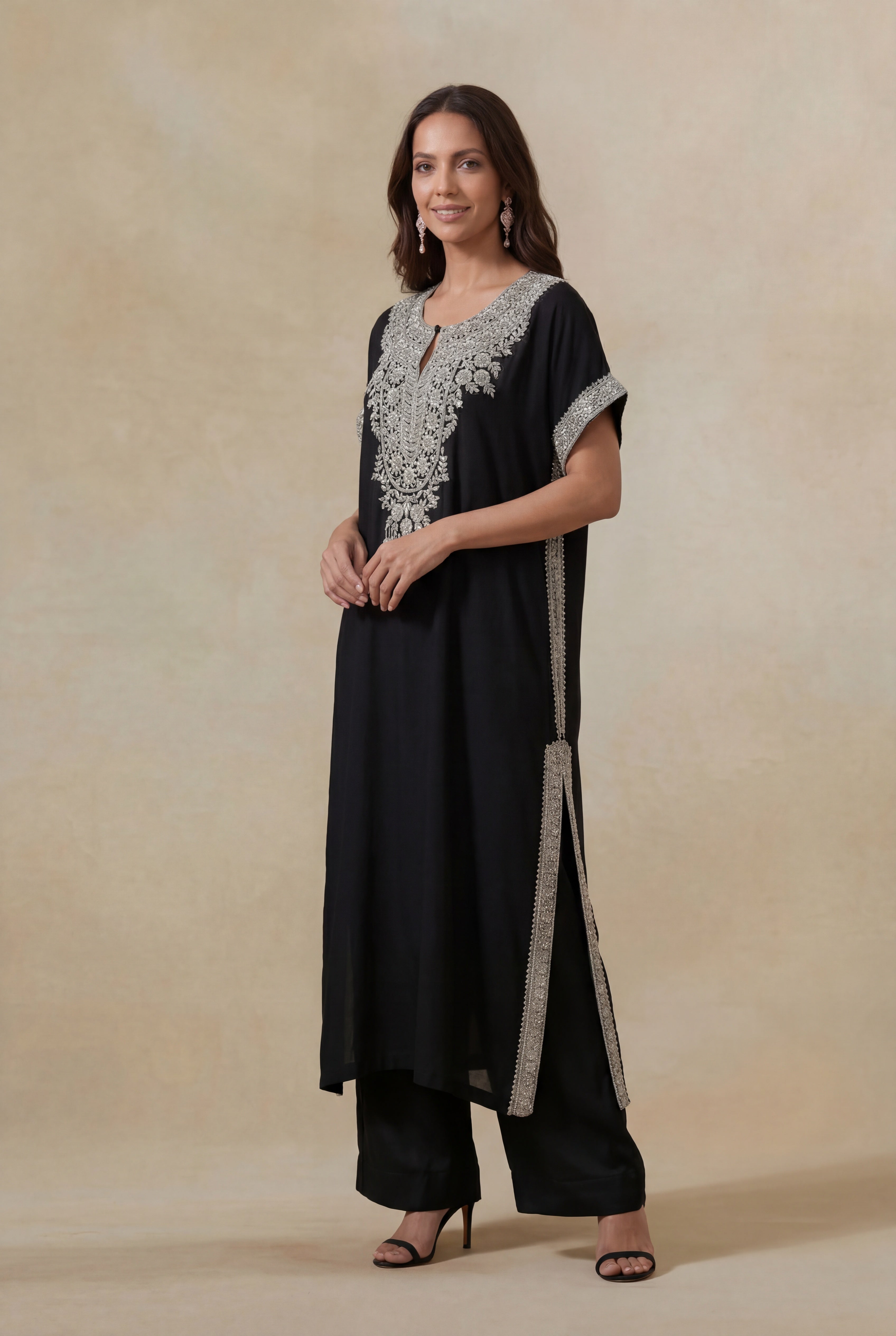Black Satin Silk Kaftan Set