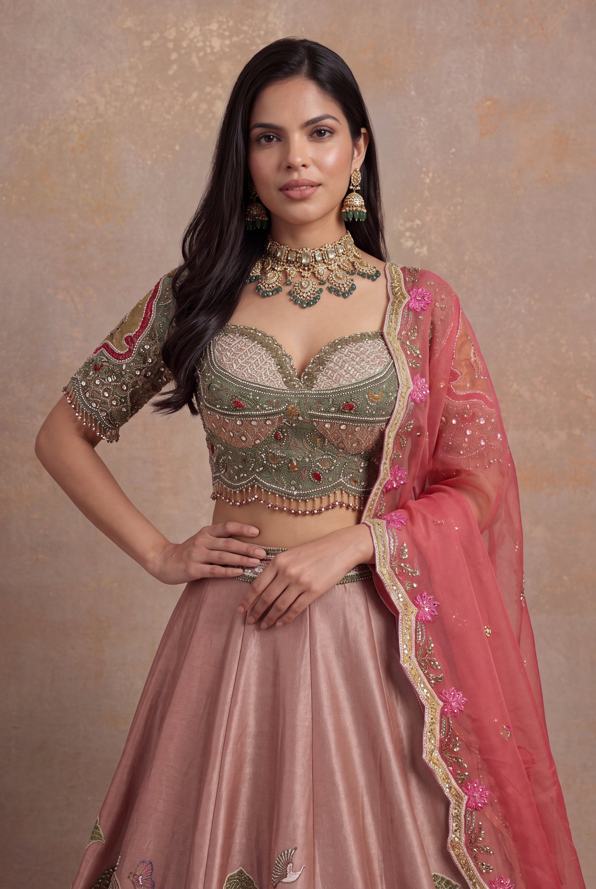Dusty Rose Tissue Lehenga Set with Velvet Applique - Mokshaa