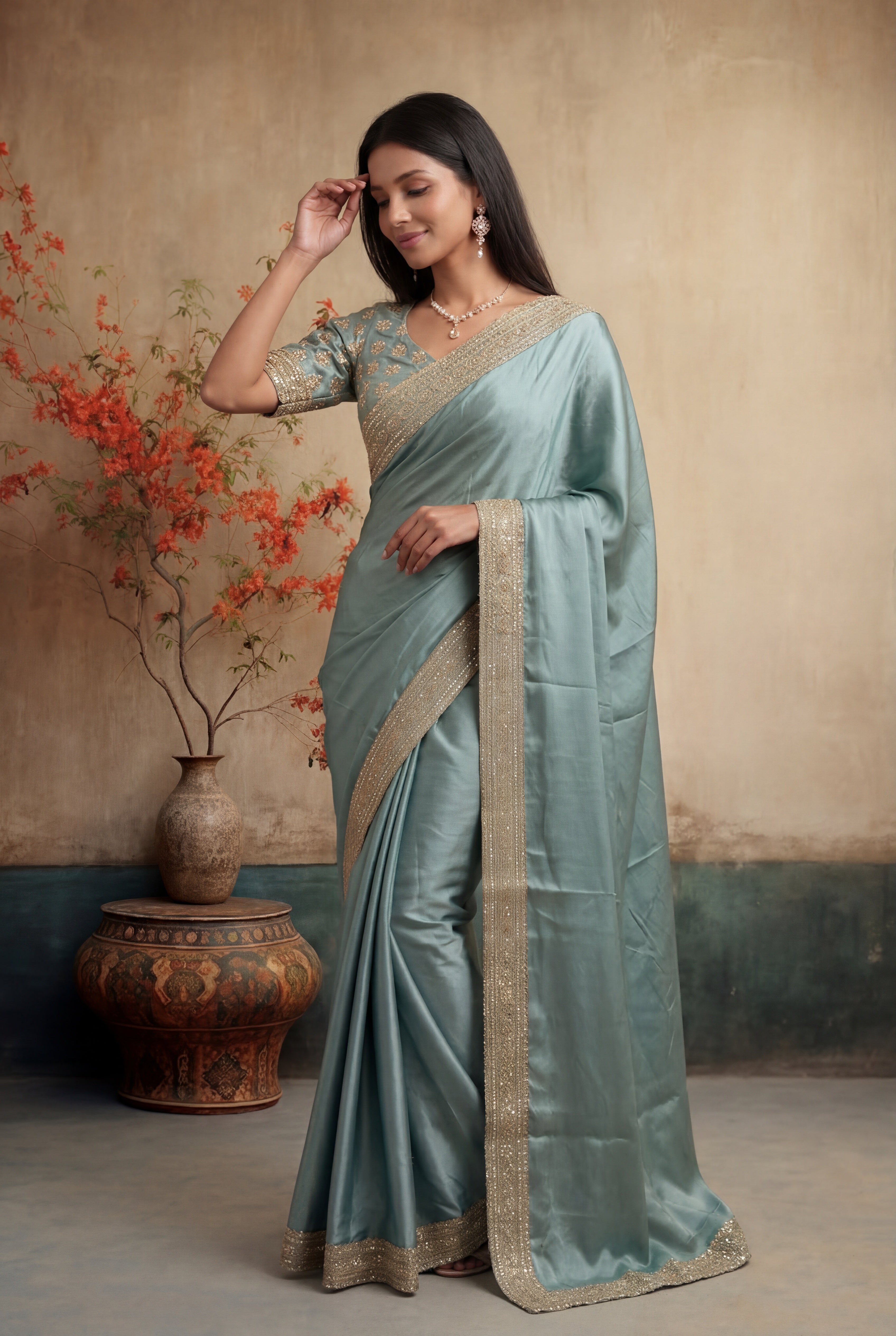 Pastel Green Satin Saree