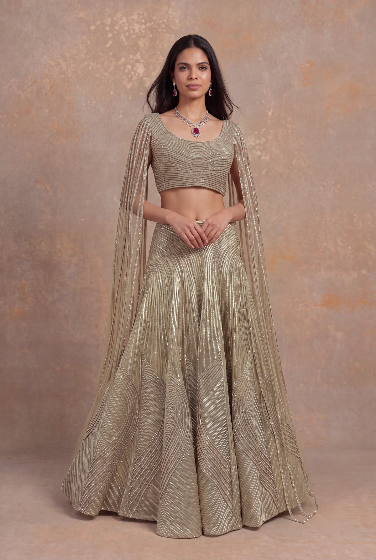 Gold Organza Lehenga with Attached Dupatta Blouse - Mokshaa