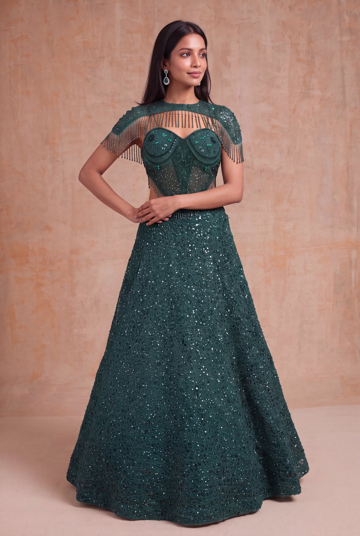 Emerald Green Indo-Western Net Lehenga - Mokshaa