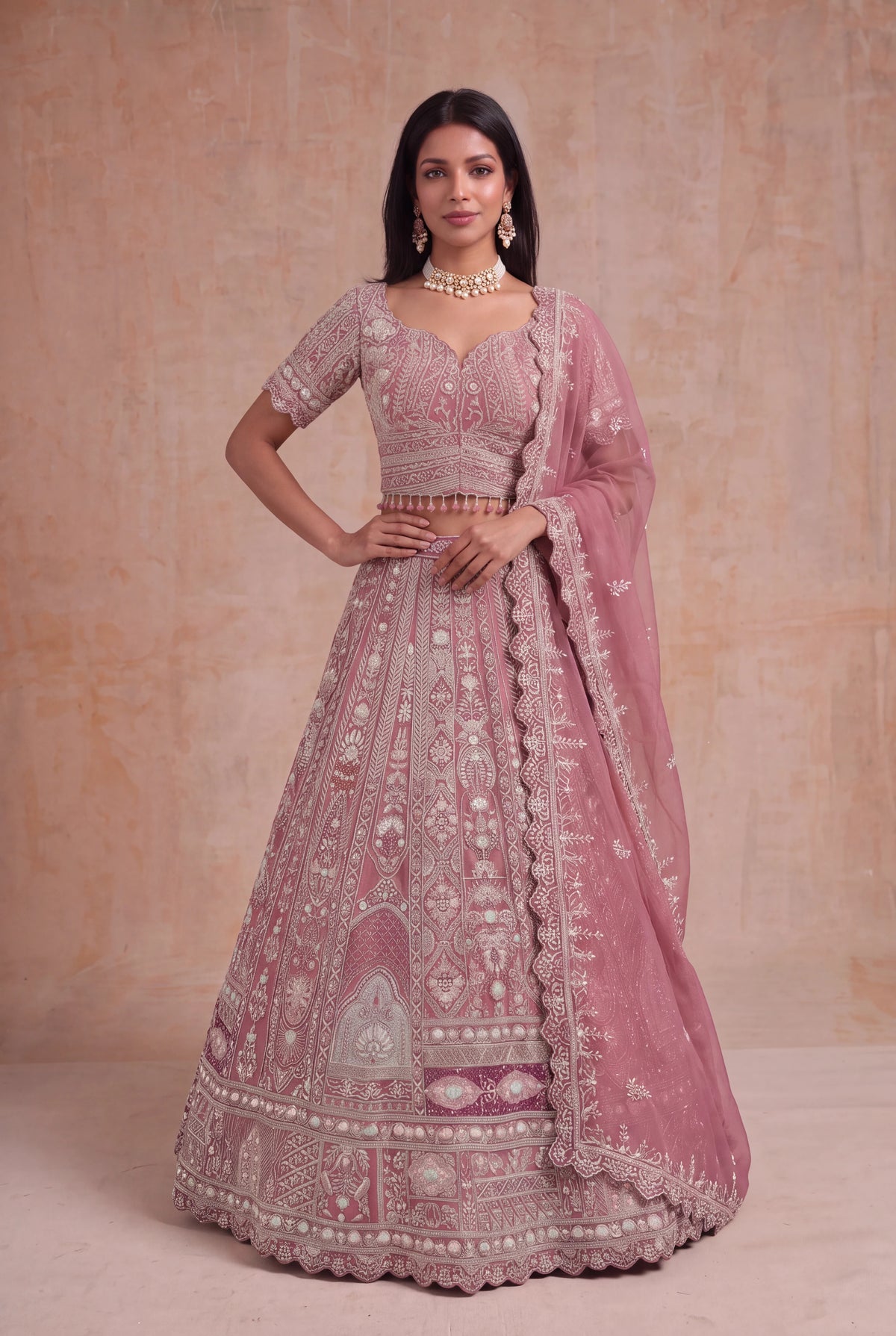 Dusty Rose Raw Silk Lehenga - Mokshaa