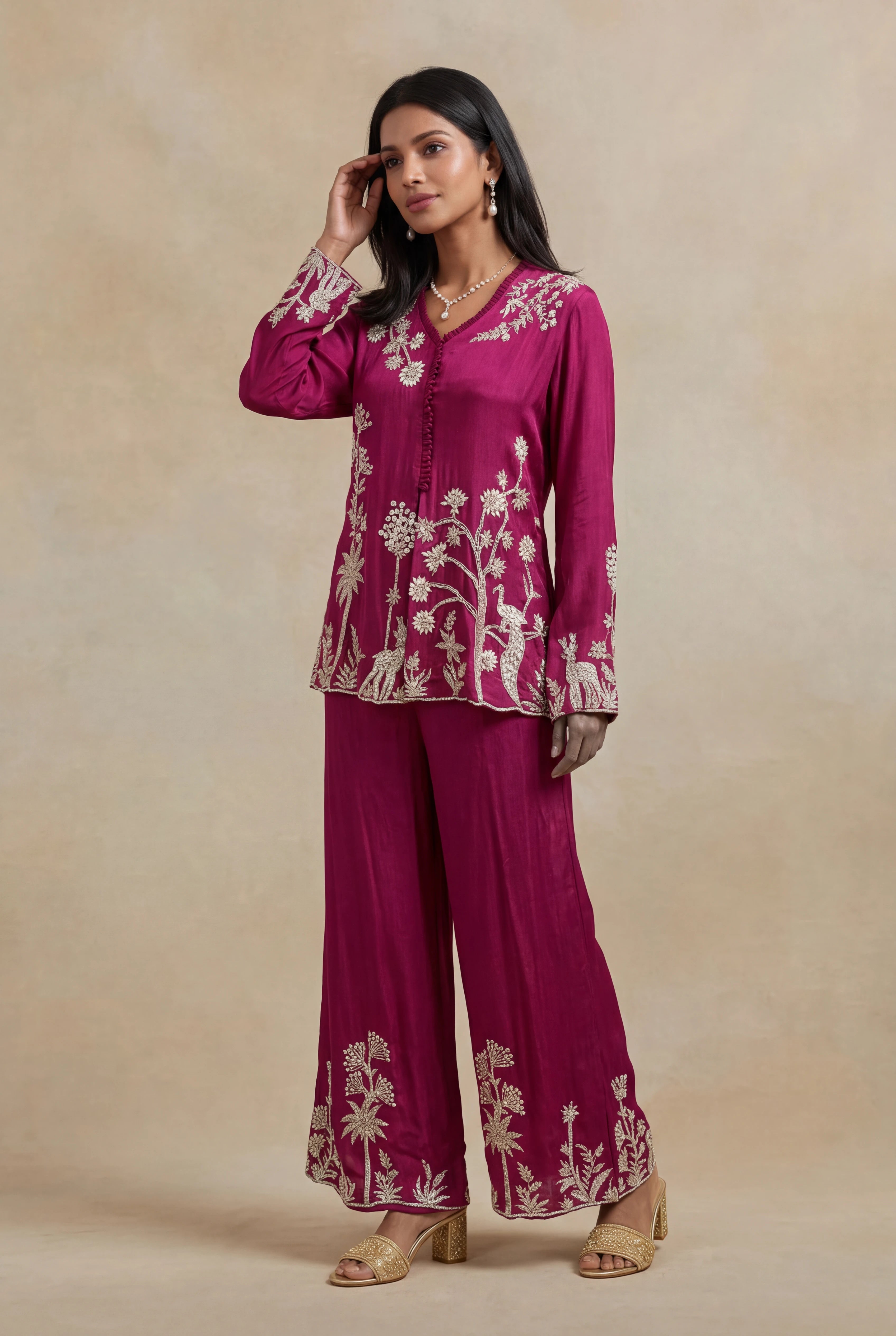Magenta Pink Georgette Embroidered Indo-Western Co-Ord Set