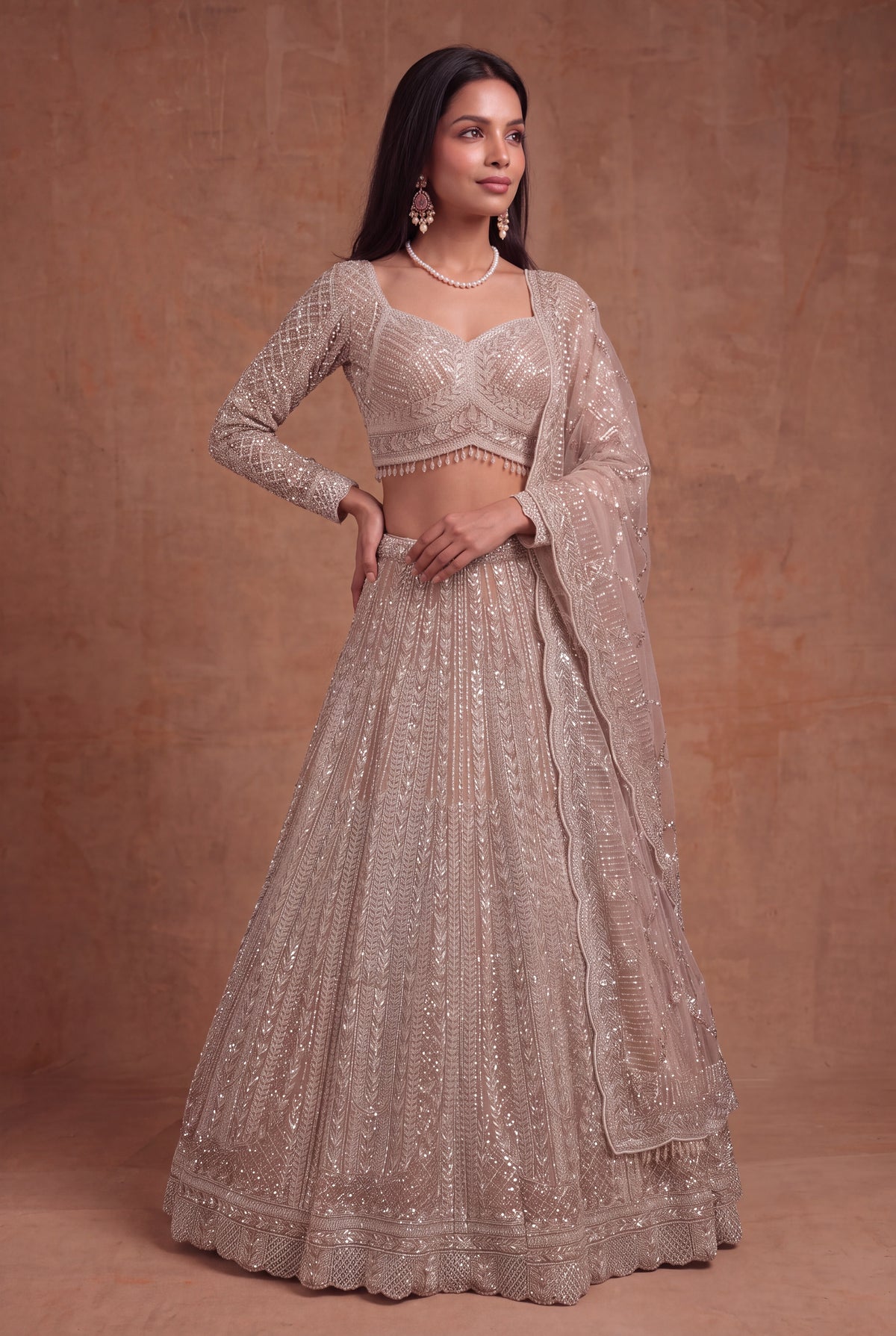 Champagne Net Lehenga - Mokshaa
