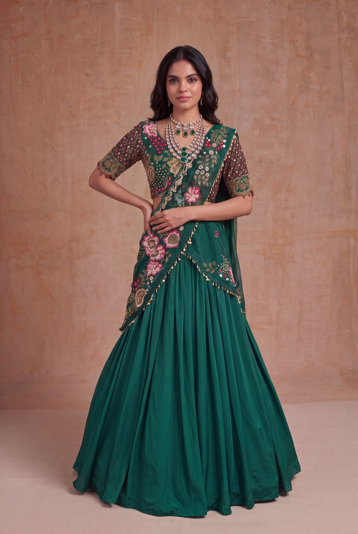 Emerald Green Draped Silk Lehenga set - Mokshaa