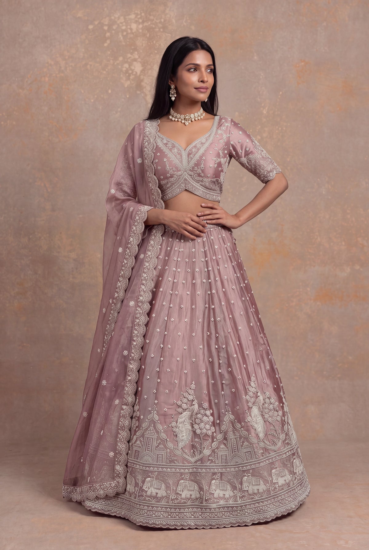 Dusty Rose Shimmer Organza Embroidered Lehenga - Mokshaa