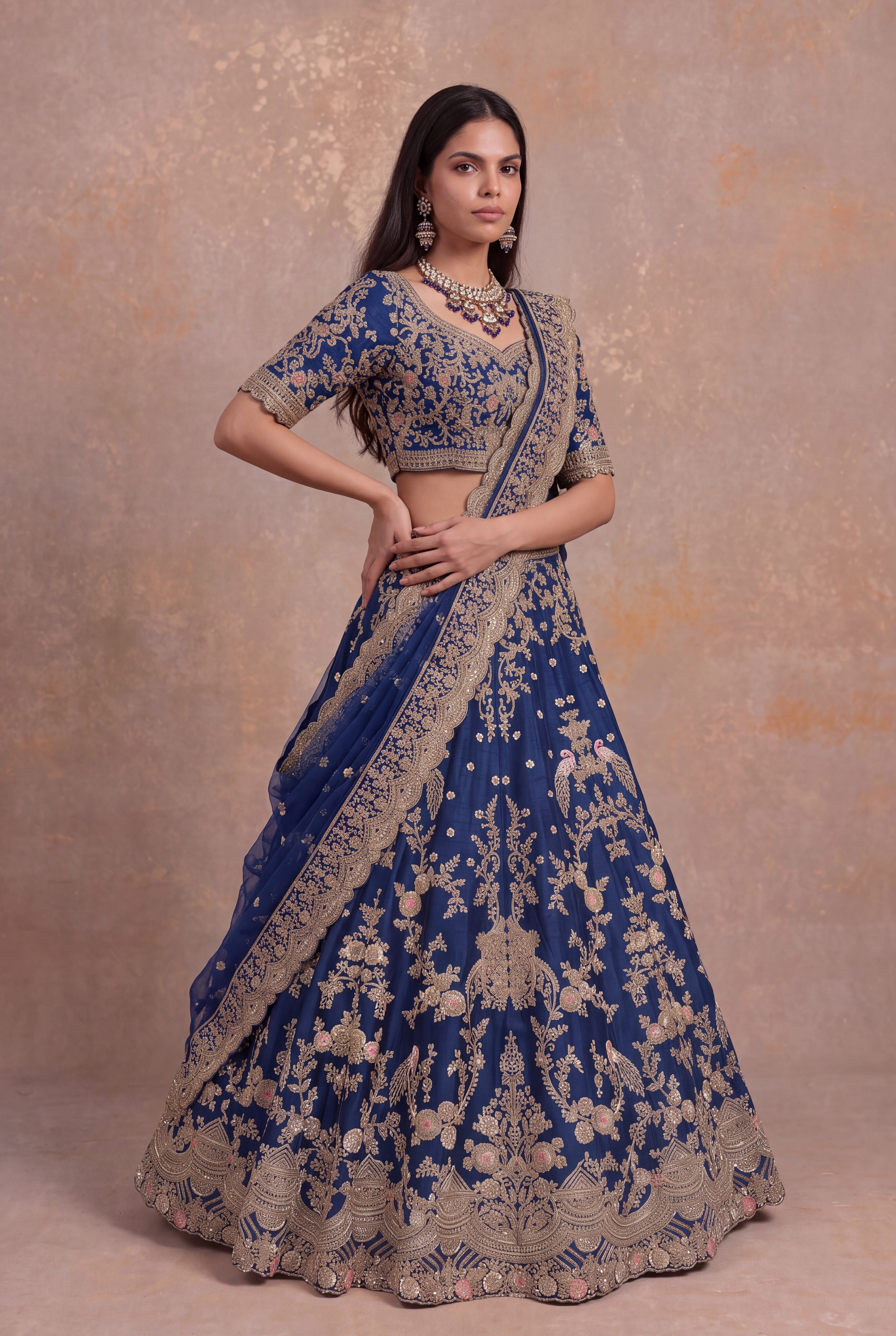 Royal Blue Silk Lehenga with Zardozi Peacock & Floral Embroidery