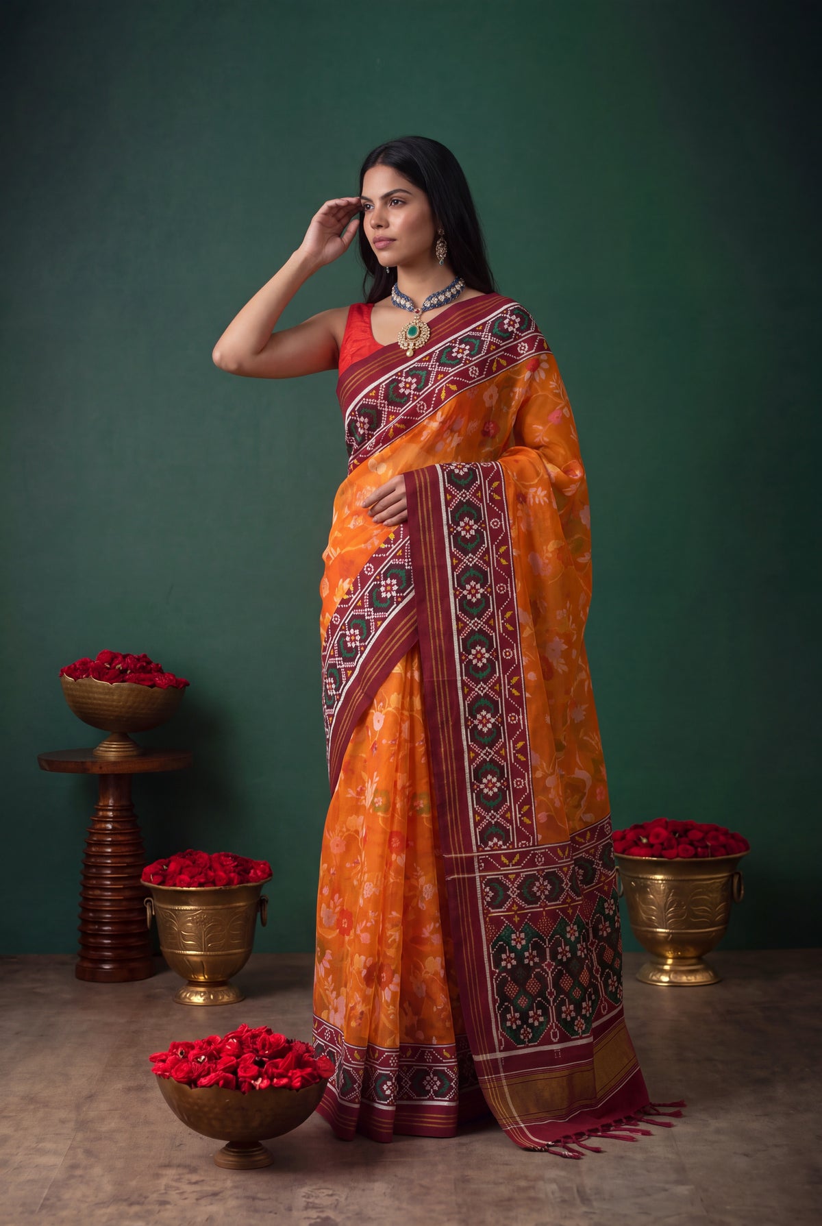 Orange Kora Silk Jamdani Saree - Mokshaa