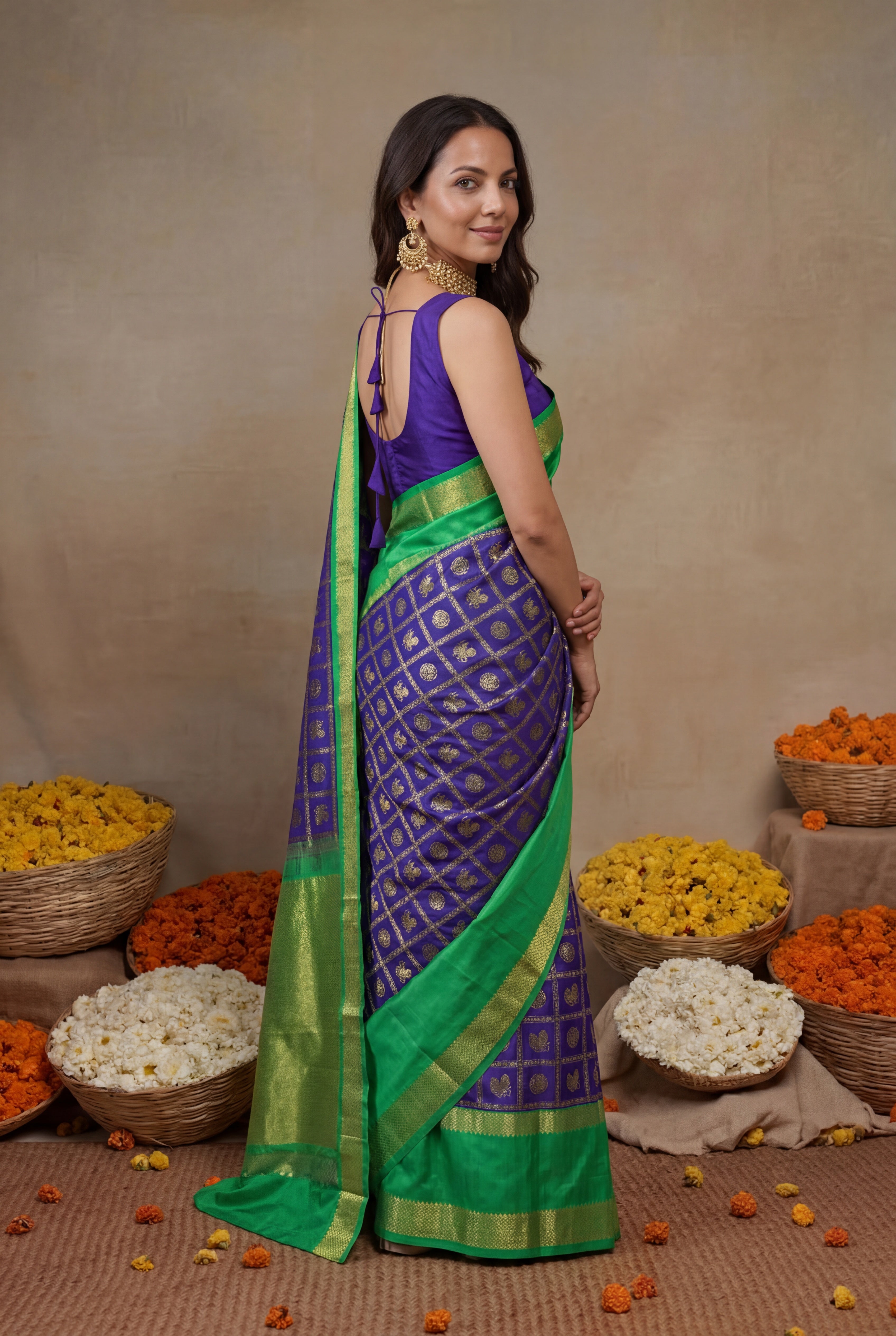 Royal Blue and Contrast Green Kanchivaram Silk Saree