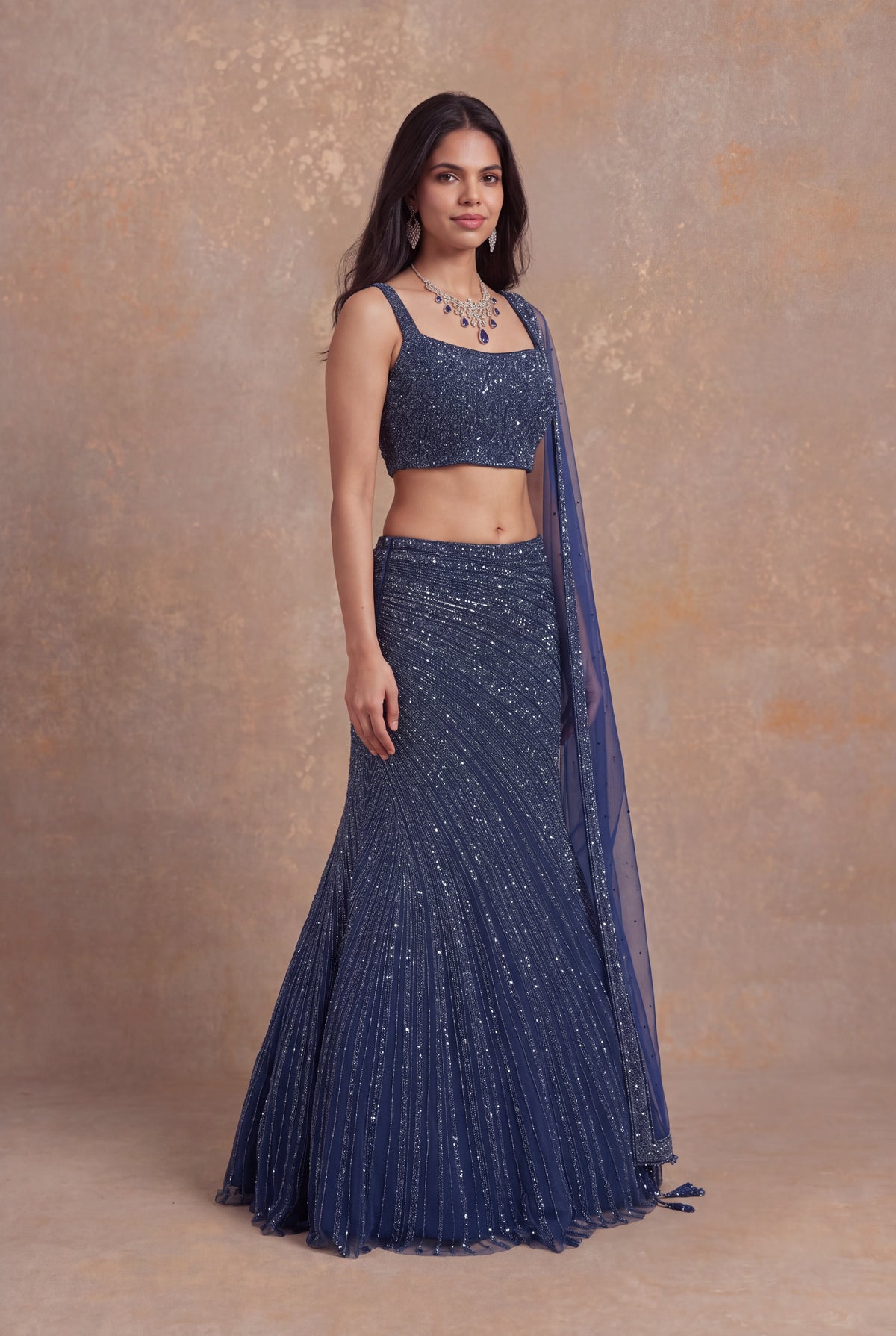 Navy Blue Fish Cut Net Lehenga - Mokshaa