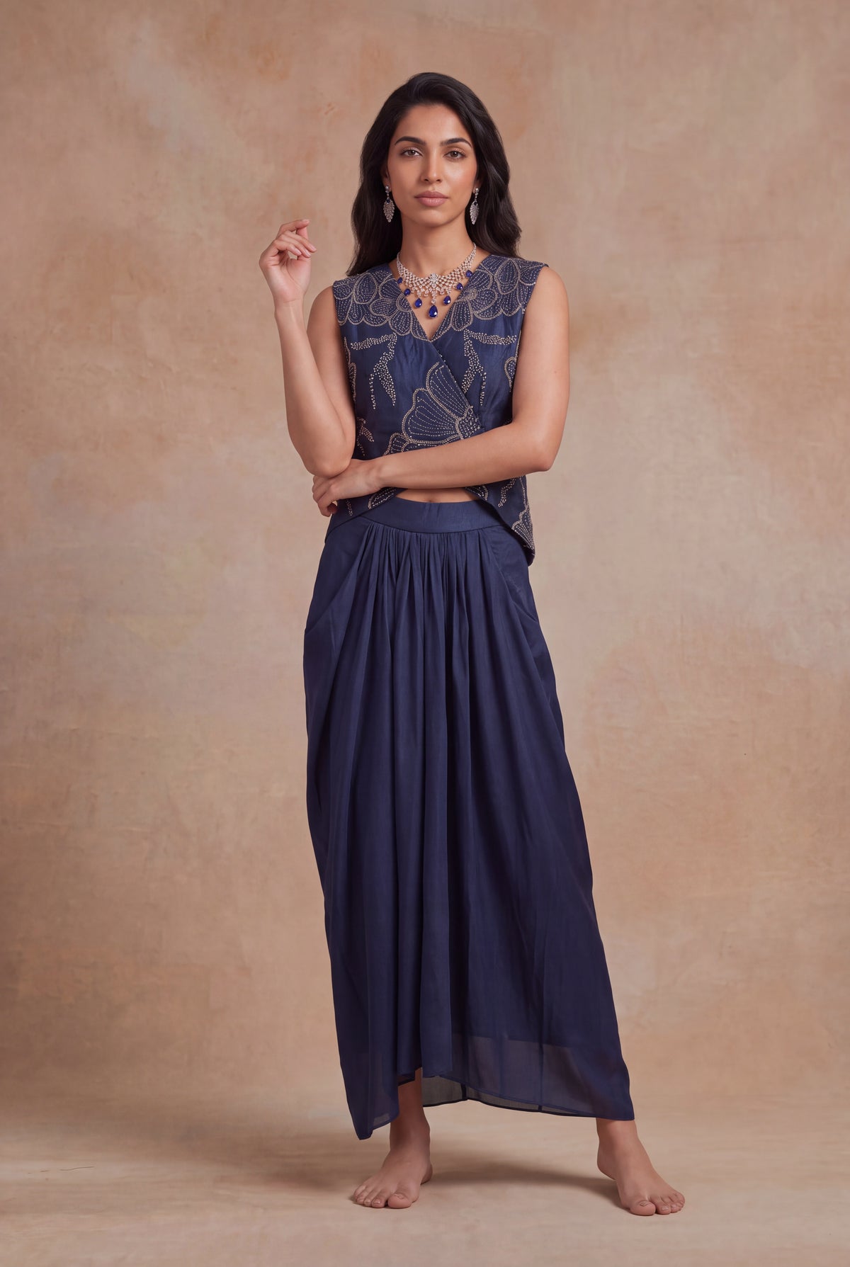 Navy Blue Indo-Western Crop Top & Drape Skirt - Mokshaa