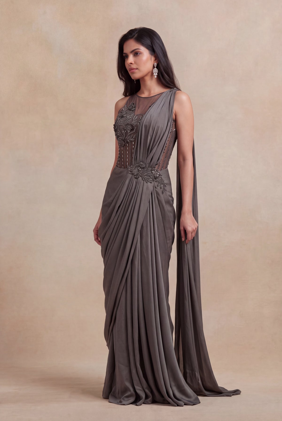 Charcoal Grey Draped Gown - Mokshaa