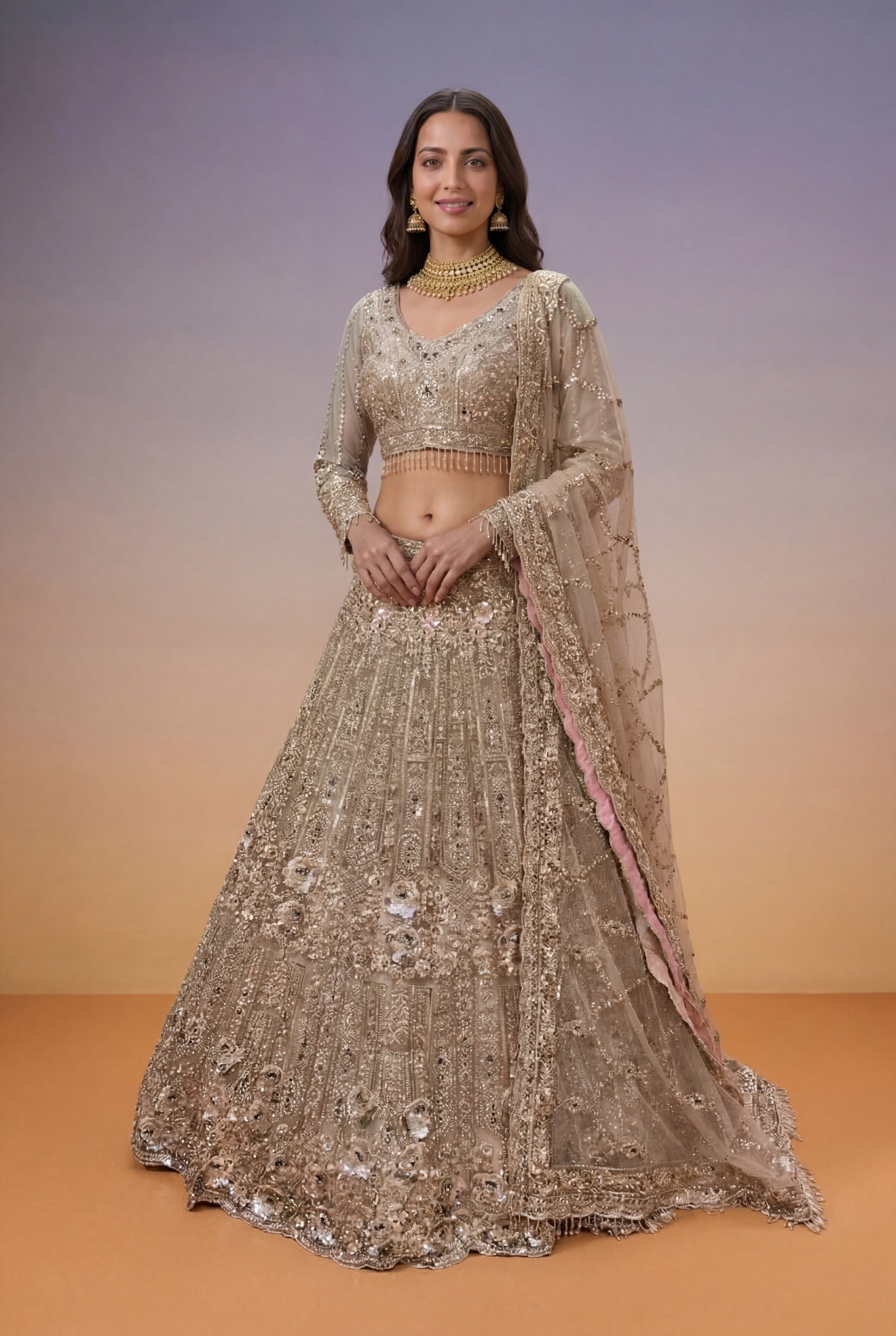 Champagne Gold Soft Net Bridal Lehenga