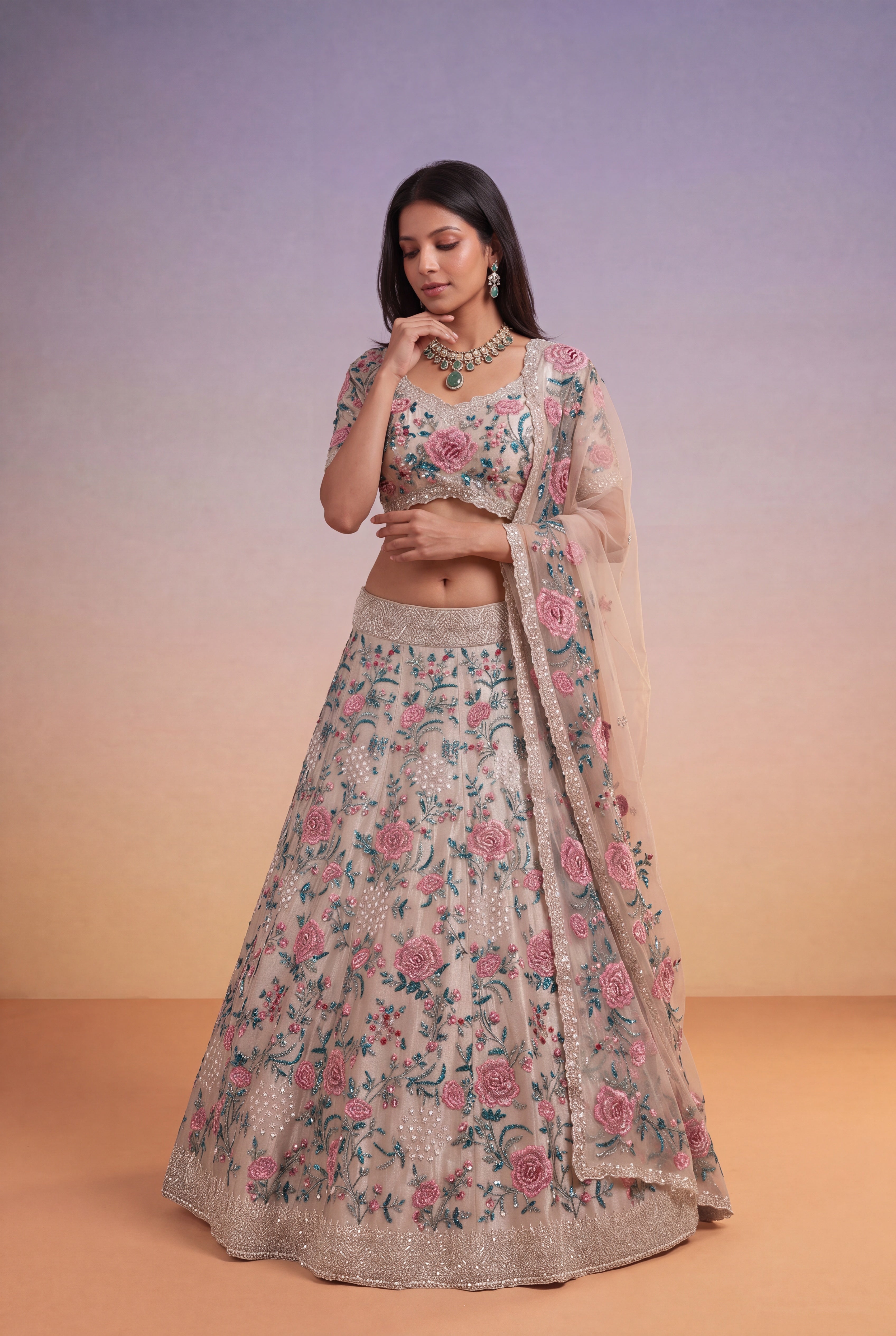 Multicolour Floral Embroidered Tissue Lehenga
