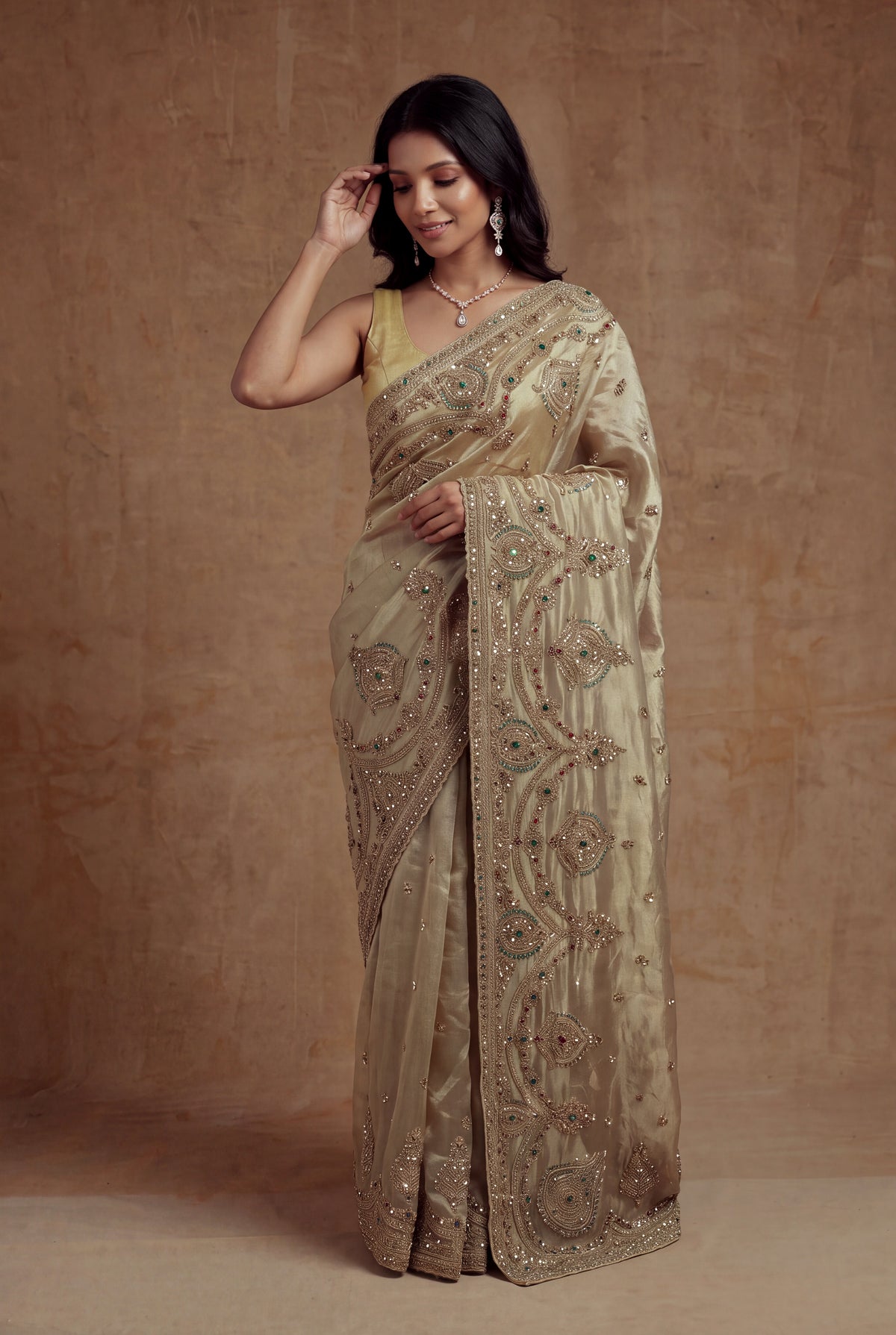 Antique Gold Tissue Zardosi Saree - Mokshaa