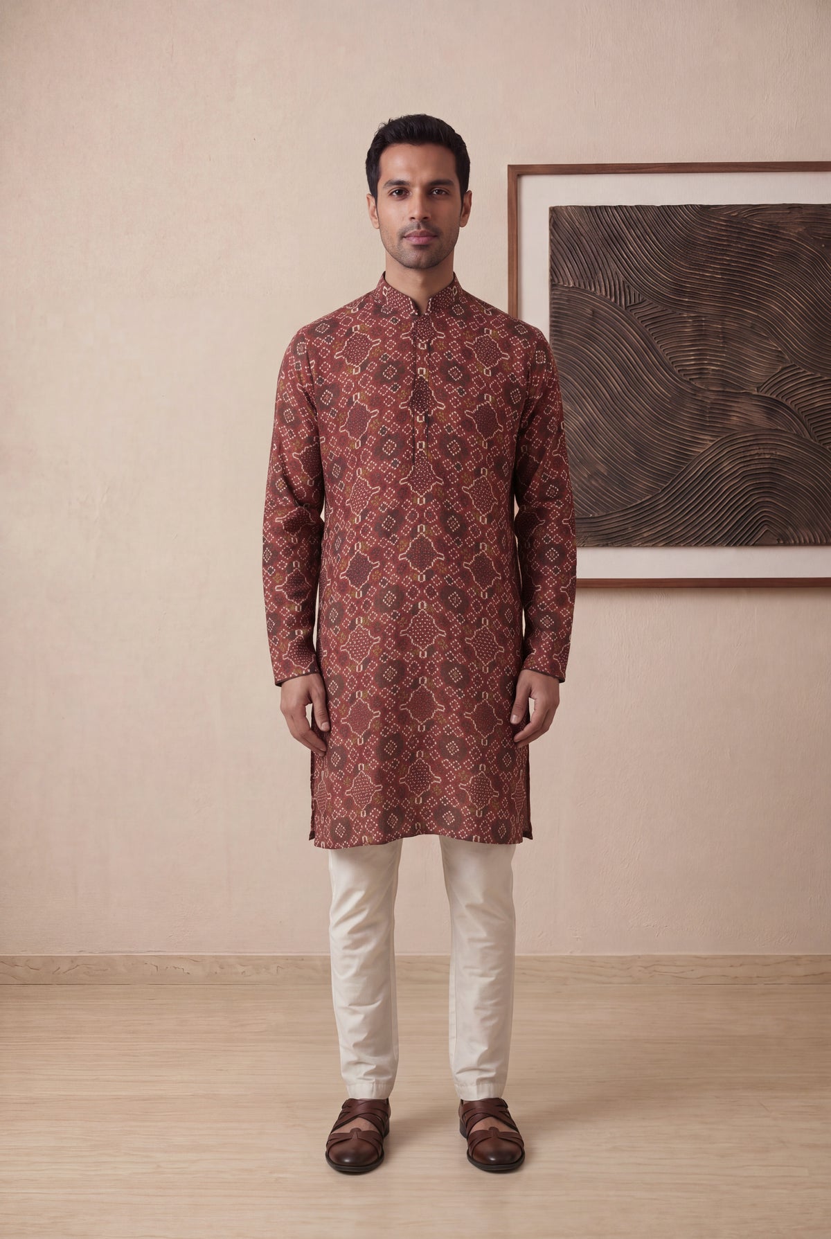 Maroon Chanderi Silk Bandhani Kurta Pant Set - Mokshaa