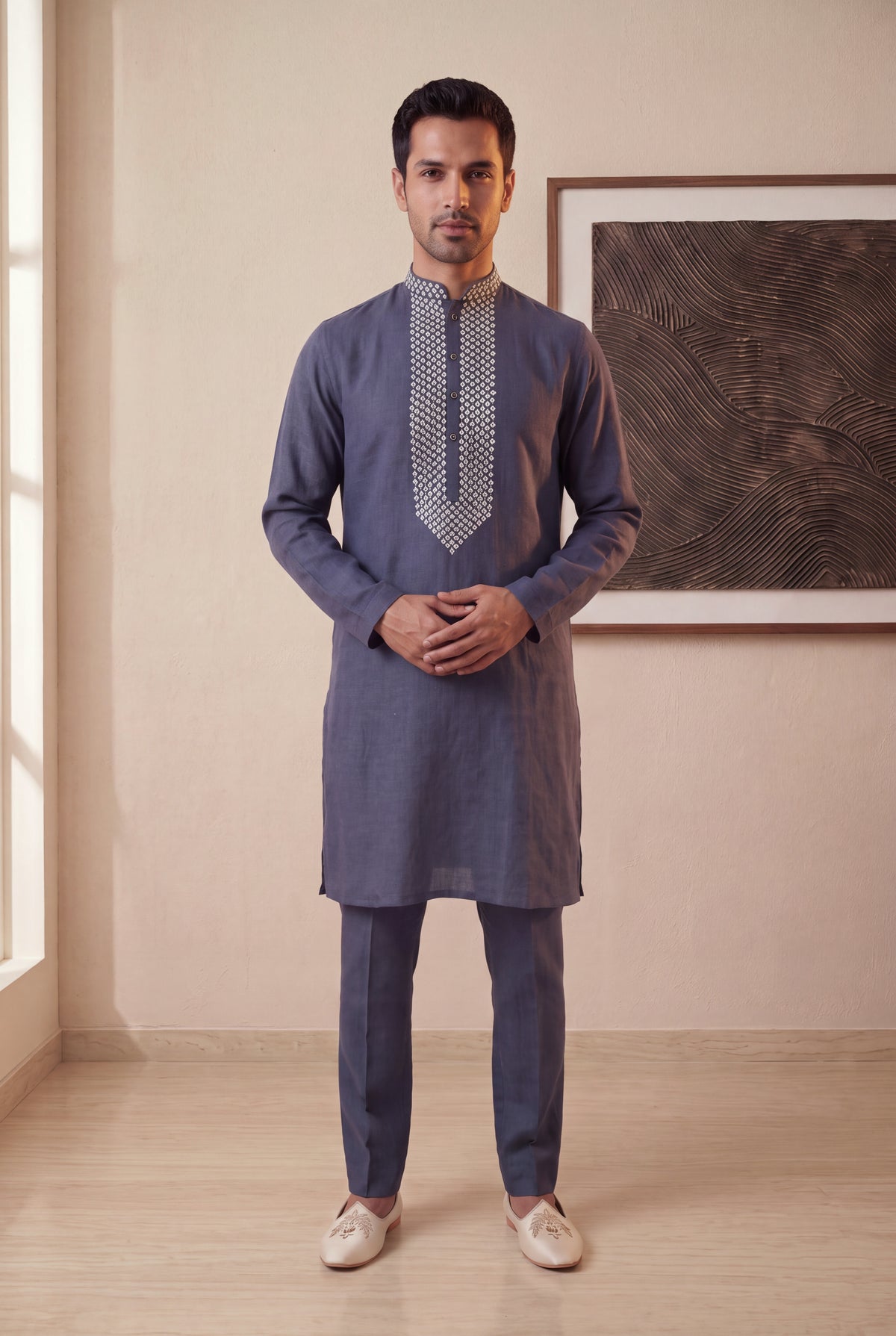 Grey Linen Kurta Pant Set - Mokshaa