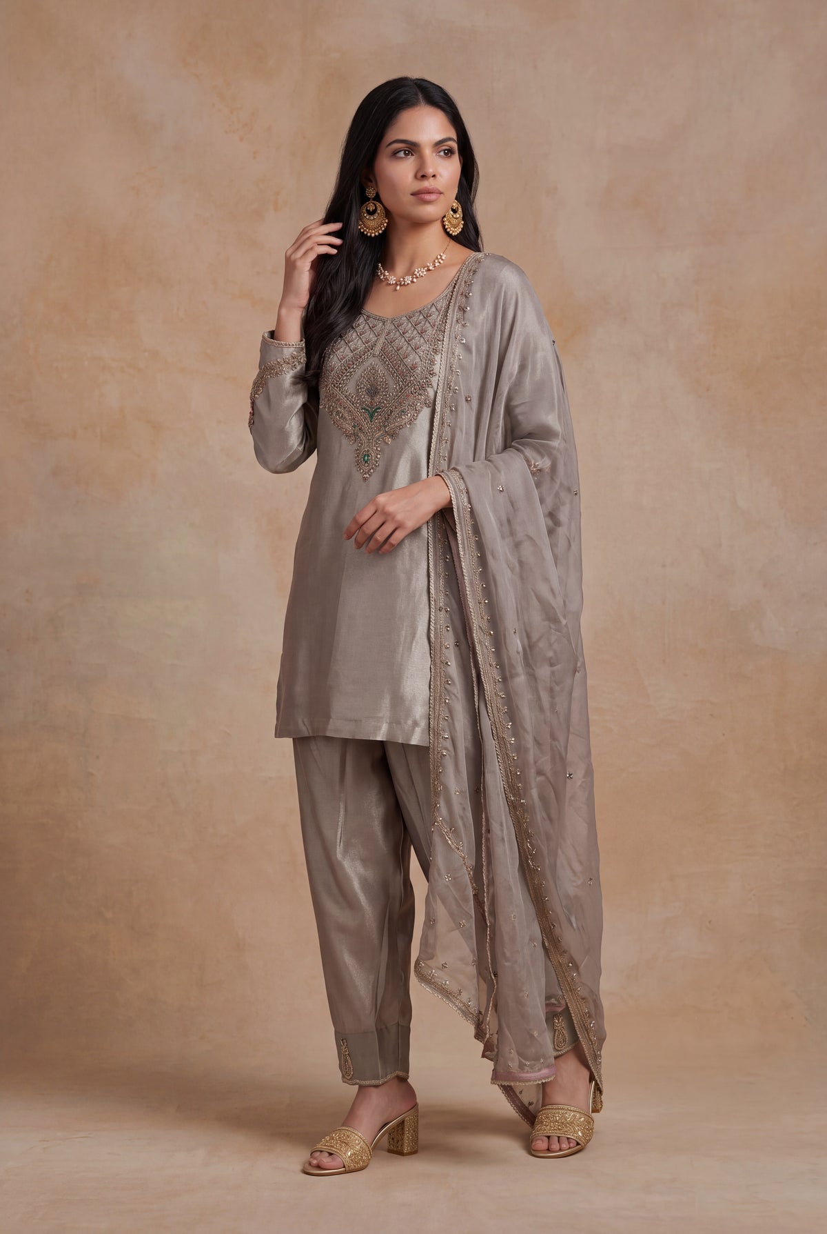 Silver Grey Tissue Indo-Western Set - Mokshaa