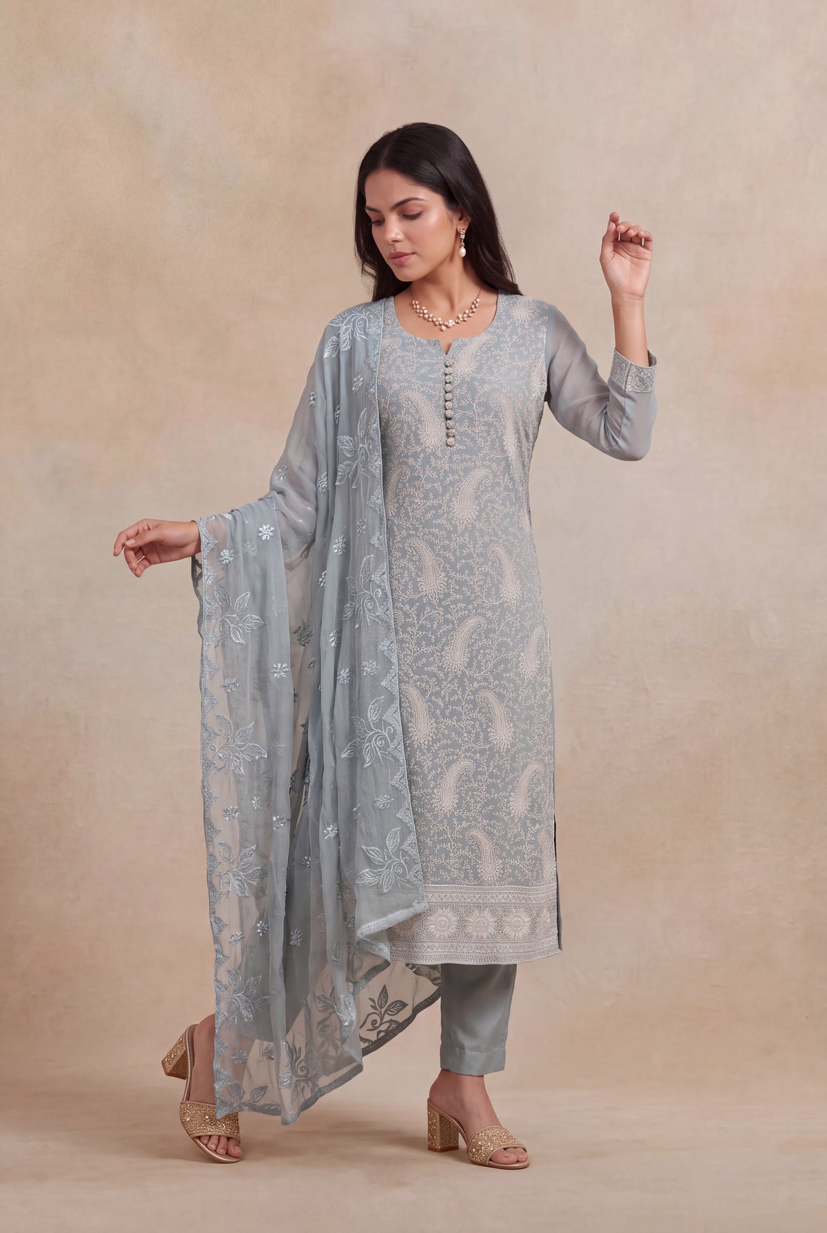 Dusty Blue Georgette Straight-Cut Salwar Suit - Mokshaa