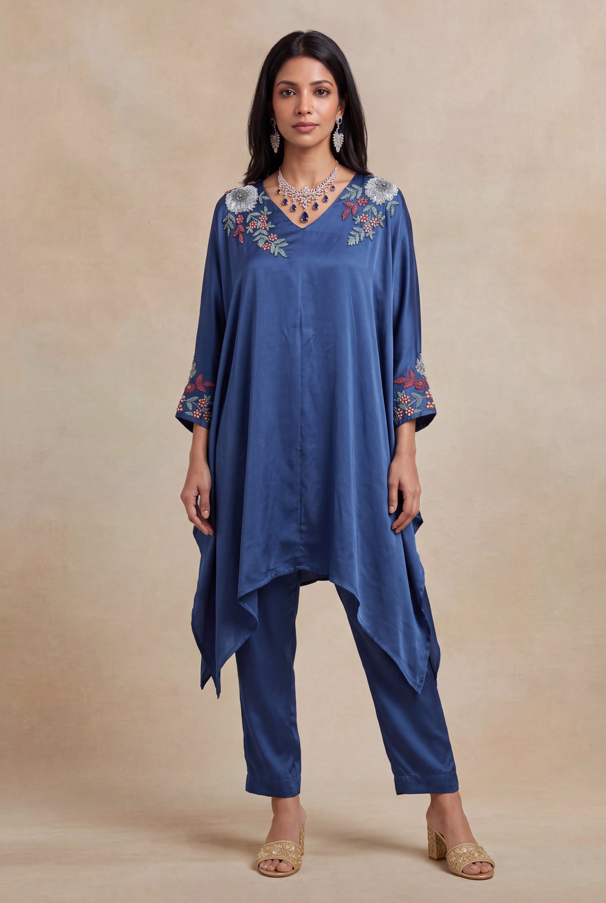 Blue Satin Silk Indo-Western Set - Mokshaa