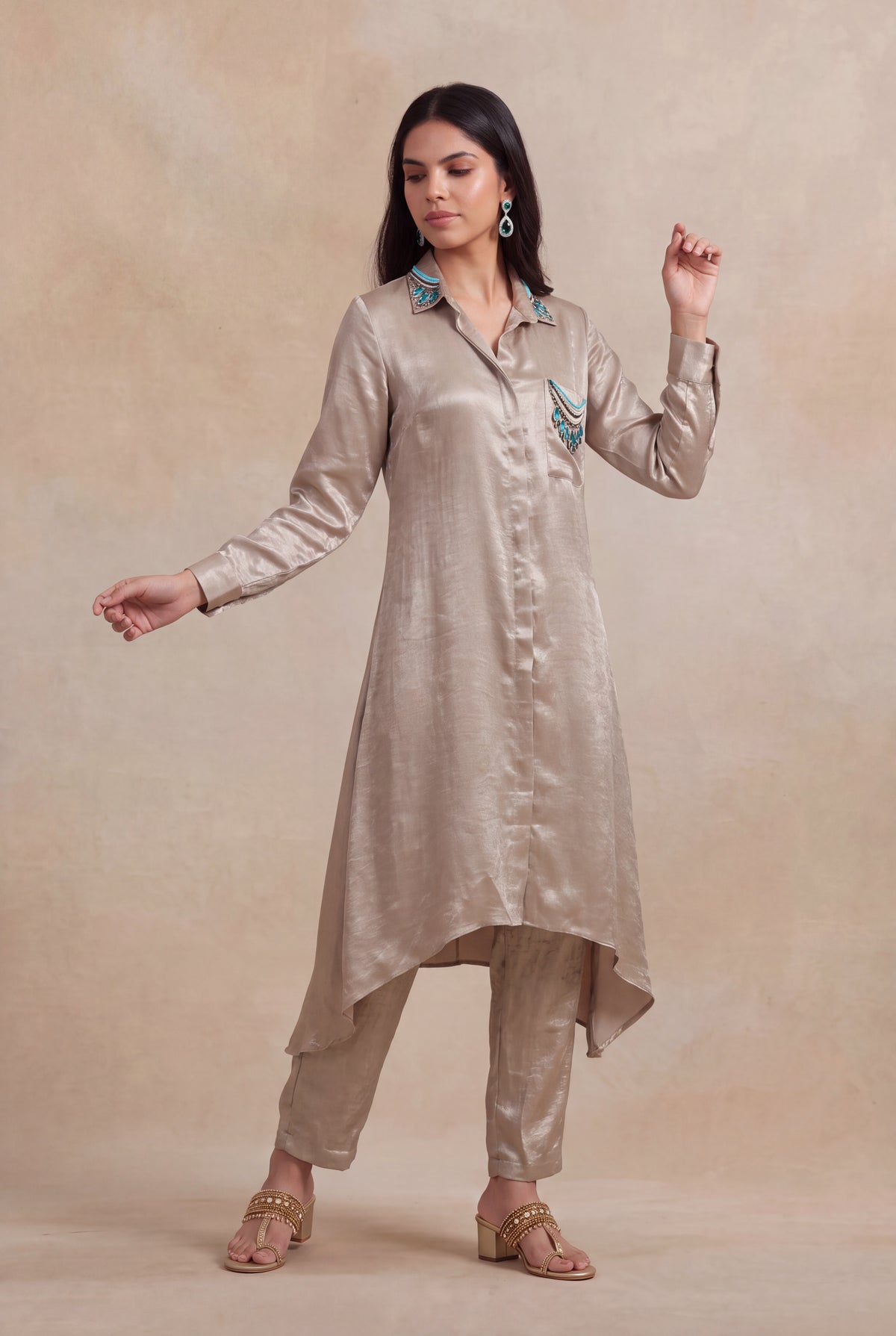 Champagne Shimmer High-Low Shirt Set - Mokshaa