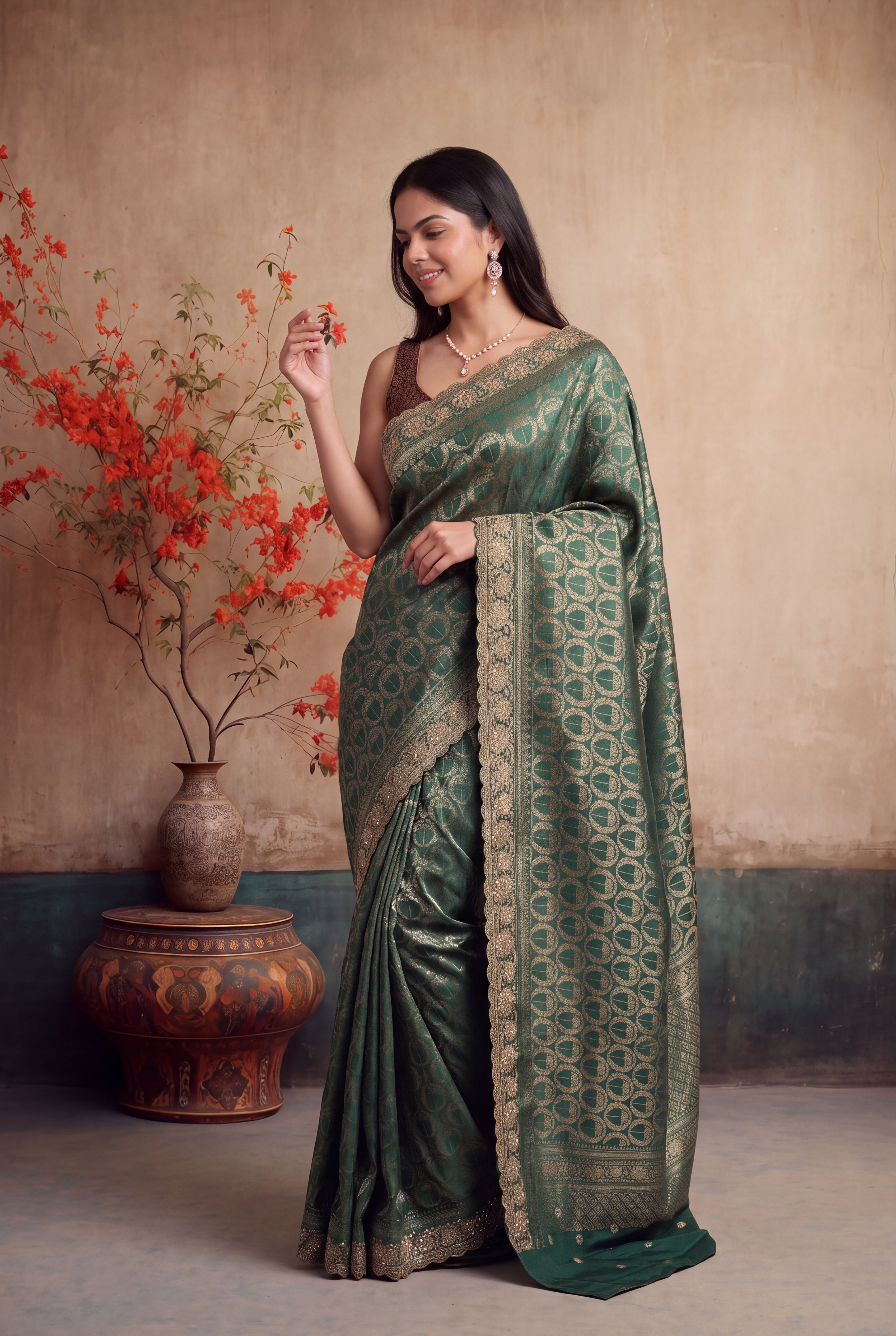 Dark Green Banarasi Saree with Zari & Zardozi Border