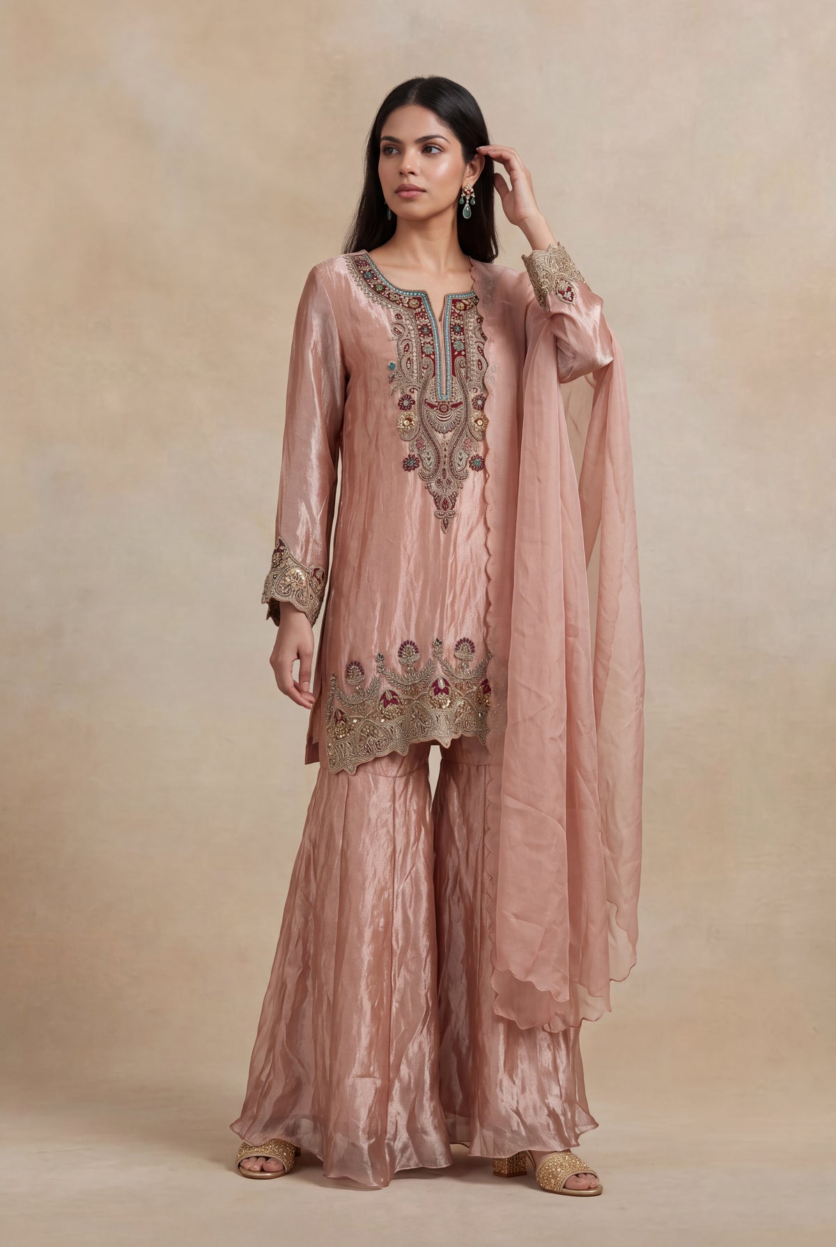 Blush Pink Tissue Sharara Set with Zardosi & Kundan Work - Mokshaa